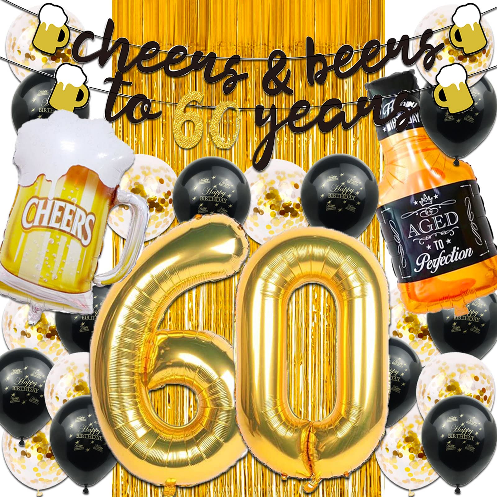 60th Birthday Decorations for Men, Happy 60th Birthday Decorations with 40 Inch Gold 60 Number Balloons, Birthday Banner, Latex Balloon, Fringe