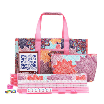 Kyerlish American Mahjong Tile Set with Printed Carrying Bag, 166 Premium Pink Tiles, 4 All-in-One Racks/Pushers and Accessories, Mahjong Set