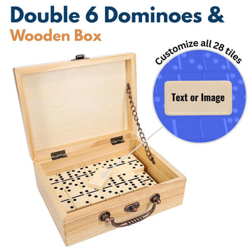 WE Games Double 6 Dominoes in Engraved Natural Wooden Treasure Box, Dominoes Set for Adults, Ivory Color Double Six Domino, Classic Board Games, Tile