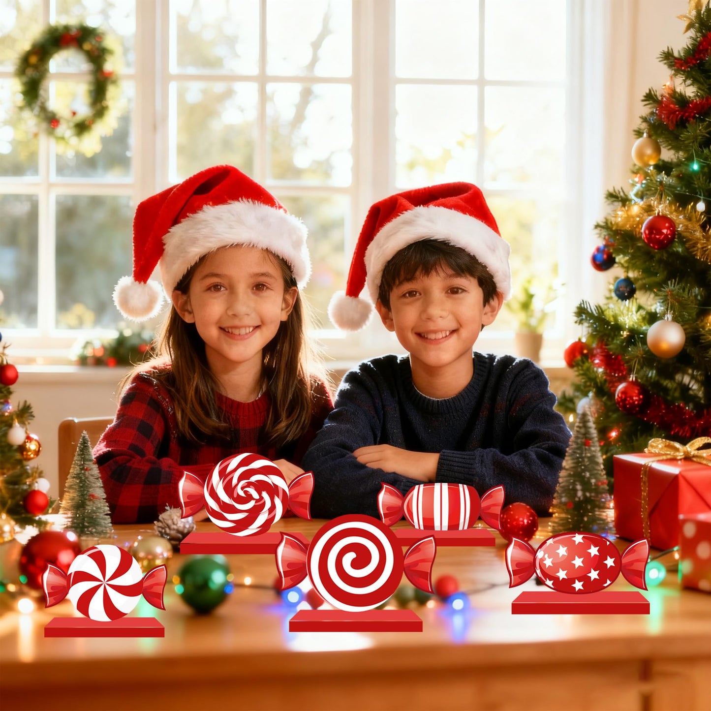 Pezutoi Christmas Table Decorations Wood Candy Set for Xmas Red & White Peppermint Christmas Home Desk Office Party Decoration