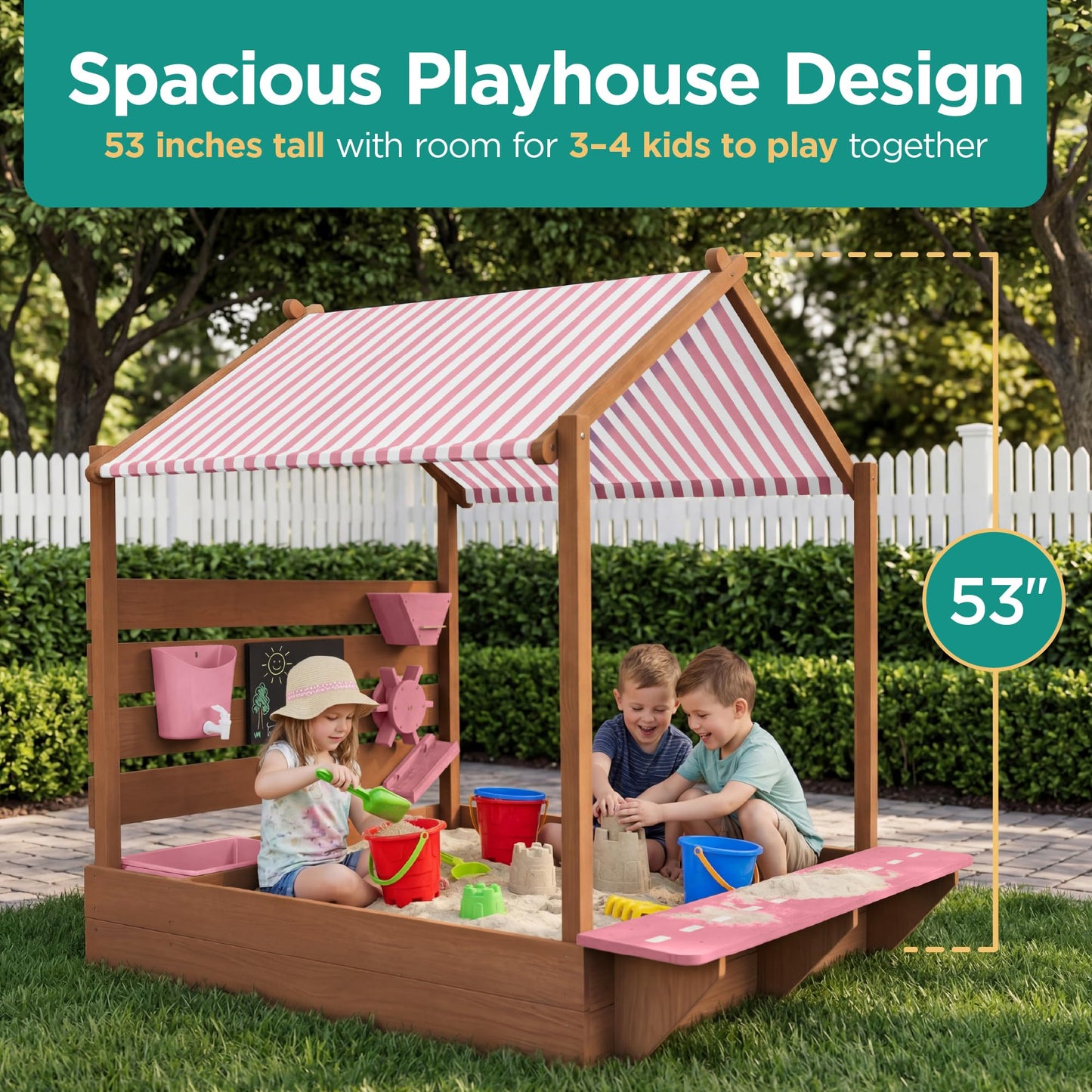 Best Choice Products Sandbox with Canopy, Extra Large Wooden Kids Sand Box with Cover, Water Table & Sink, Chalkboard, Bench Seating w/ 110 lb