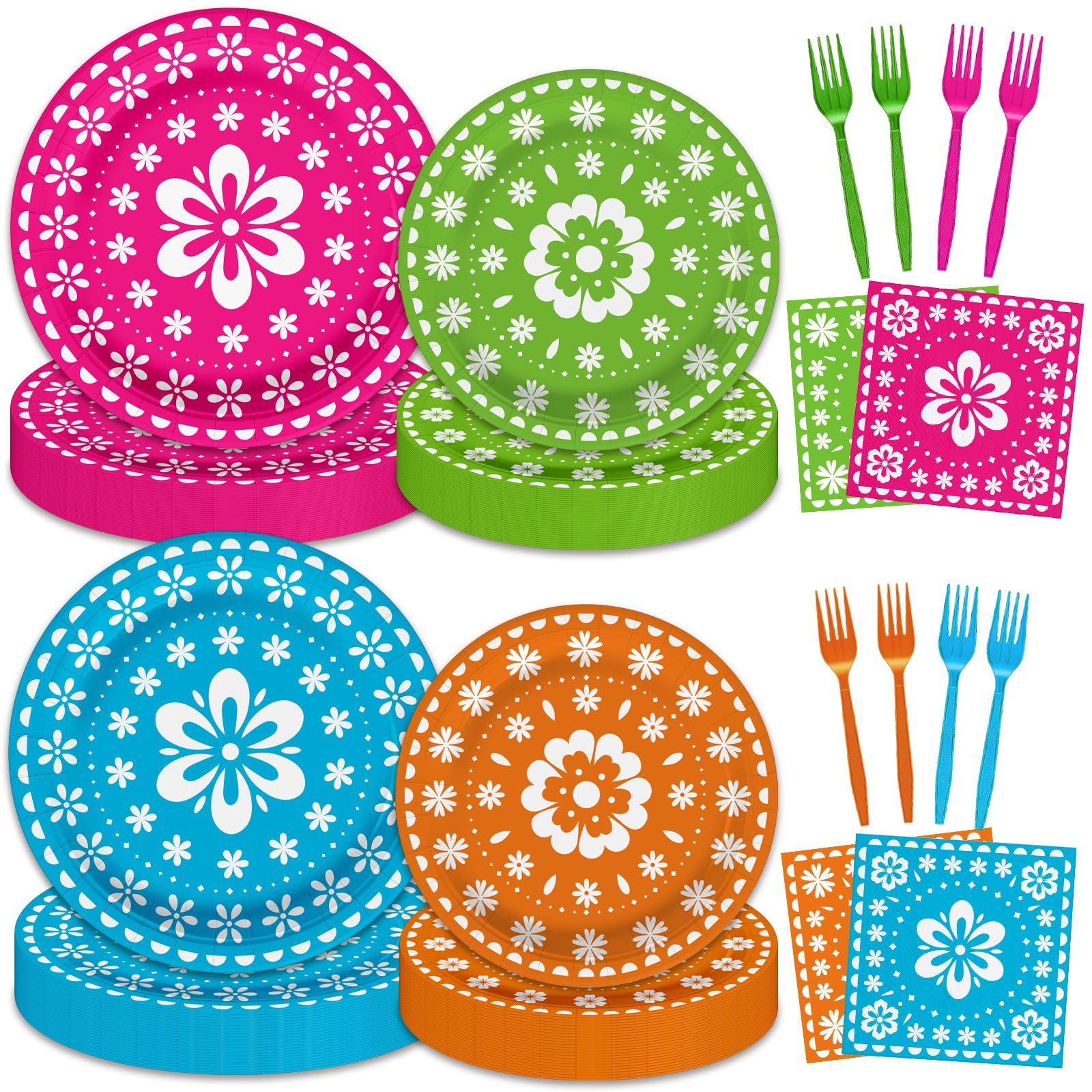 96 Pcs Mexican Fiesta Party Supplies Set, Serves 24 - Colorful Papel Picado Floral Paper Plates, Napkins, and Forks, Disposable Tableware for Cinco de