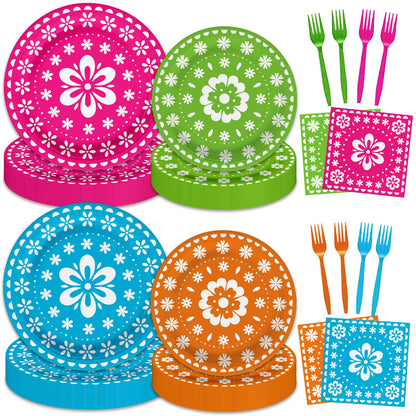 96 Pcs Mexican Fiesta Party Supplies Set, Serves 24 - Colorful Papel Picado Floral Paper Plates, Napkins, and Forks, Disposable Tableware for Cinco de