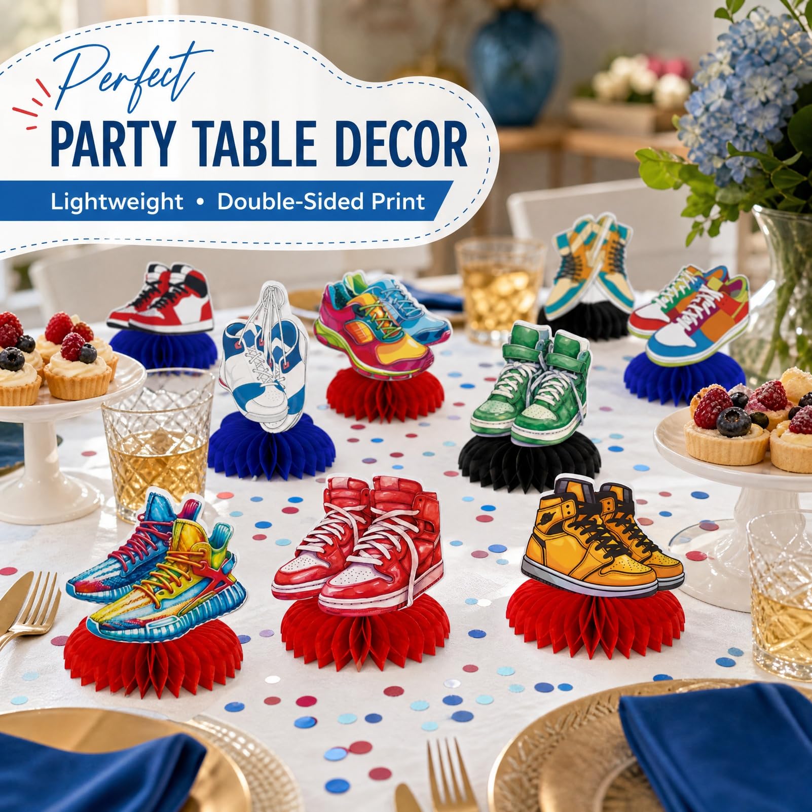 9-Piece Sneaker Honeycomb Decorations, 3D Sports Centerpieces for Table, Themed Party Supplies for Birthday Baby Shower Sport Shoes Graduation (9 Pcs)