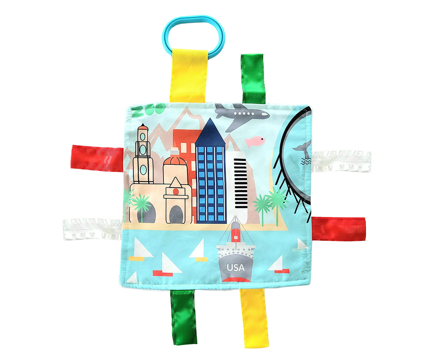 Baby Jack & Co 8x8” Learning Lovey San Diego California Tag Toys for Babies - Baby Crinkle Toys - Soft & Safe - Learn USA Cities and Shapes - Ideal