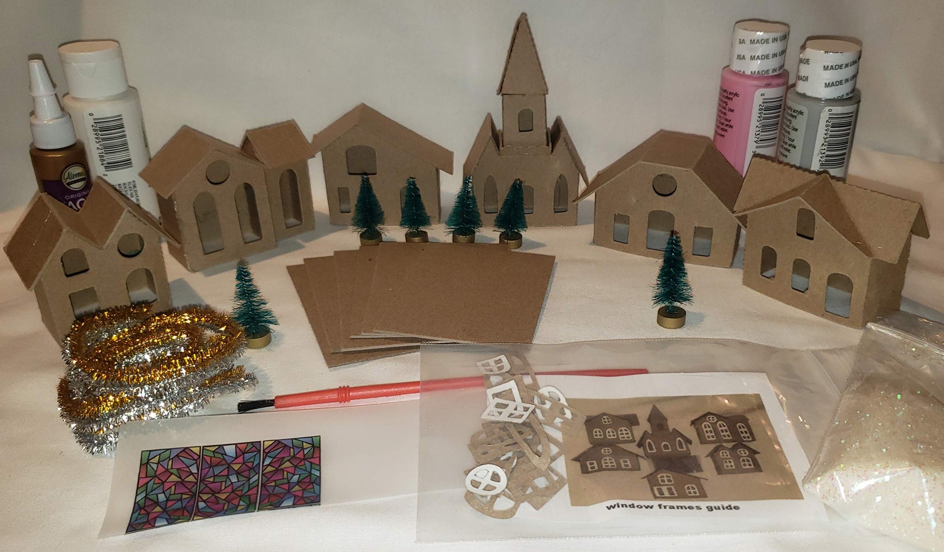 Little Village Houses Putz Style 6 Mini Vintage Houses - DIY Complete Kit Pink/Gray
