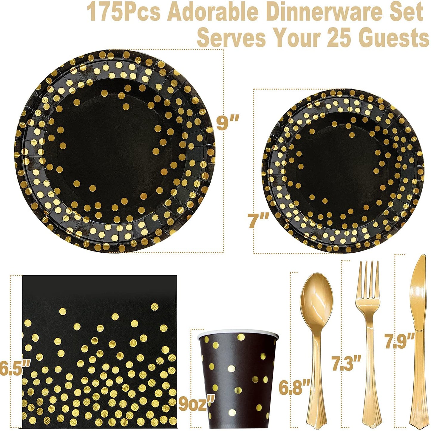 AIRE Black Gold Paper Plates Set, 175PCS Disposable Dinnerware Serves 25
