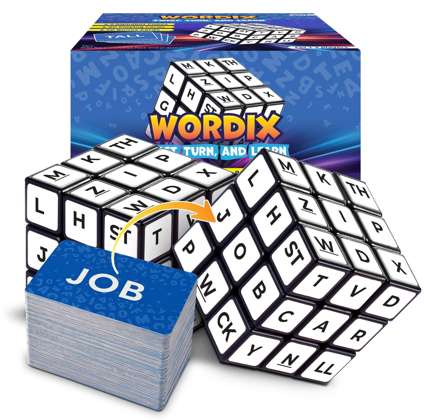 Wordix Words Game Cube for Kids, 2 Player Matching Letter Cube Racing Game with 100 Flash Cards, Educational Spelling & Reading Alphabet Learning Fun