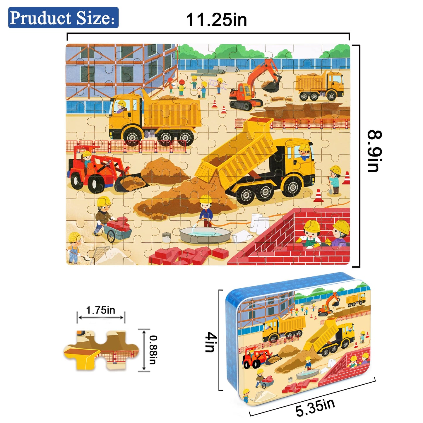 LELEMON 100 Pieces Jigsaw Puzzles in a Metal Box for Kids Age for 4-8 Boys Girls Toy Puzzles Construction Site Vehicles Children Learning Educational