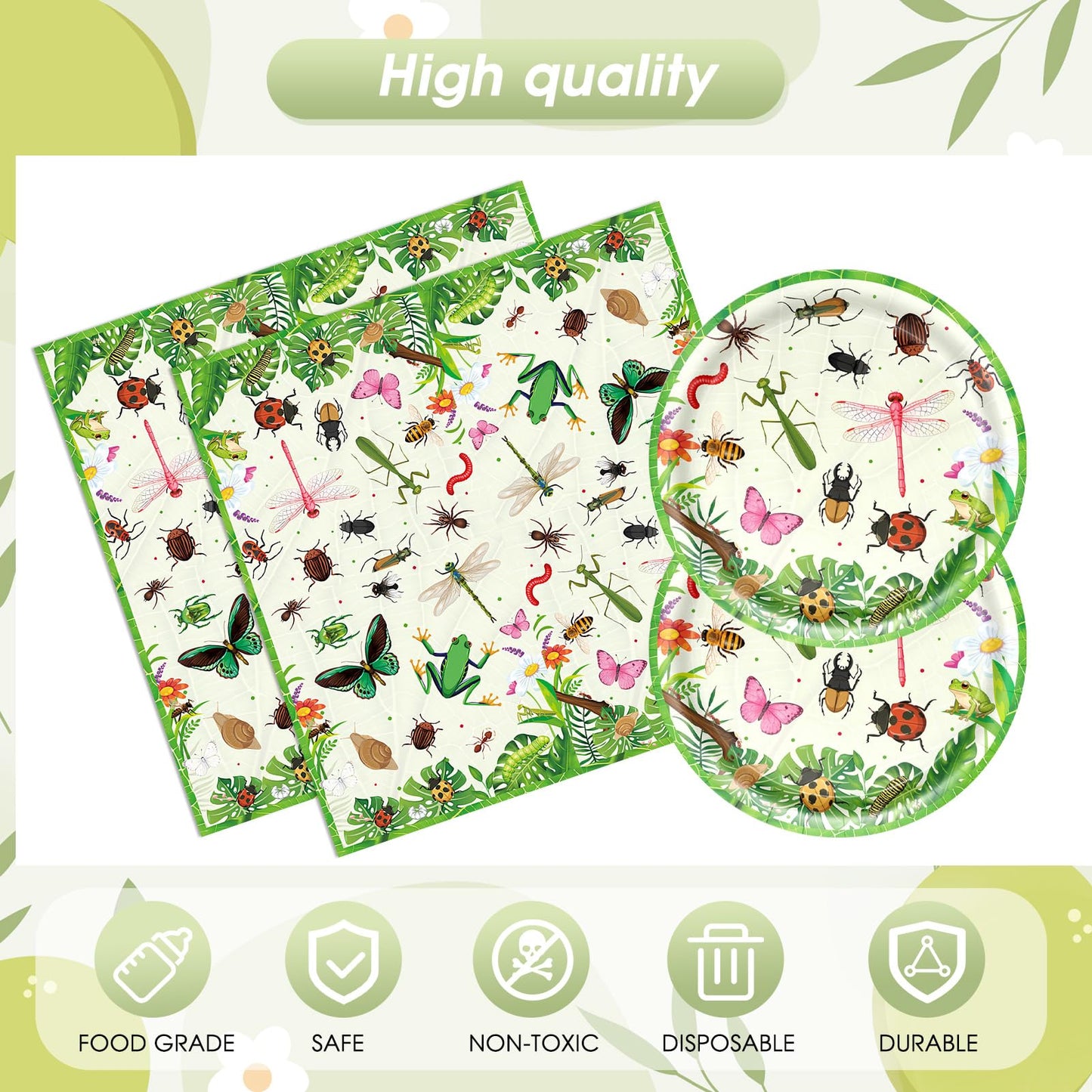 41Pcs Bug Birthday Party Decorations, Kids Garden Insect Explorer Adventure Themed Tableware Set Bug Paper Plates Napkins Tablecloth,for Garden Nature