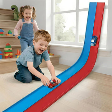 15 Ft Flexible Race Track for Kids 3+, Certified Safe Flex Race Car Ramp with Two 1/64 Diecast Cars - Starter Set, Portable Roll-Up Racetrack