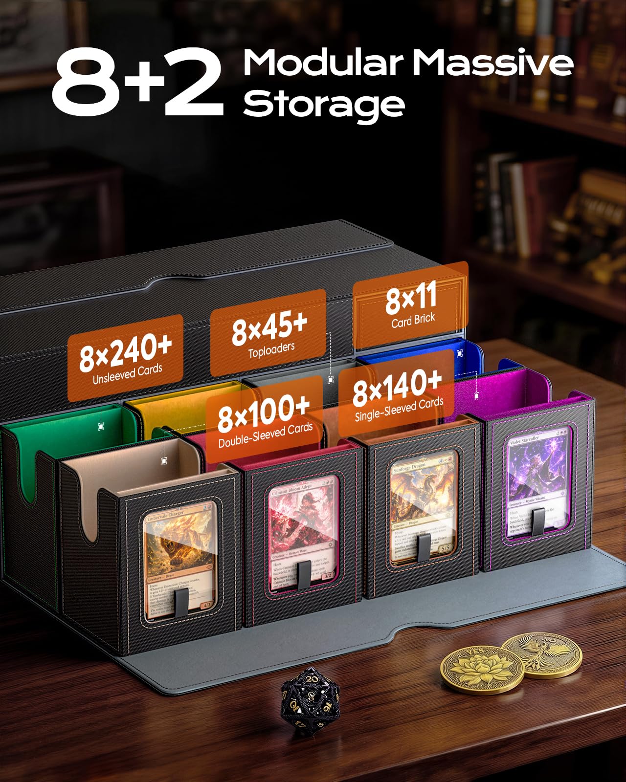 MoKo Commander Deck Box for MTG, 8-Deck Modular Card Case w/Playmat Storage & Dice Tray, Holds 1040+ Double-Sleeved Cards, Magic Card Storage Box