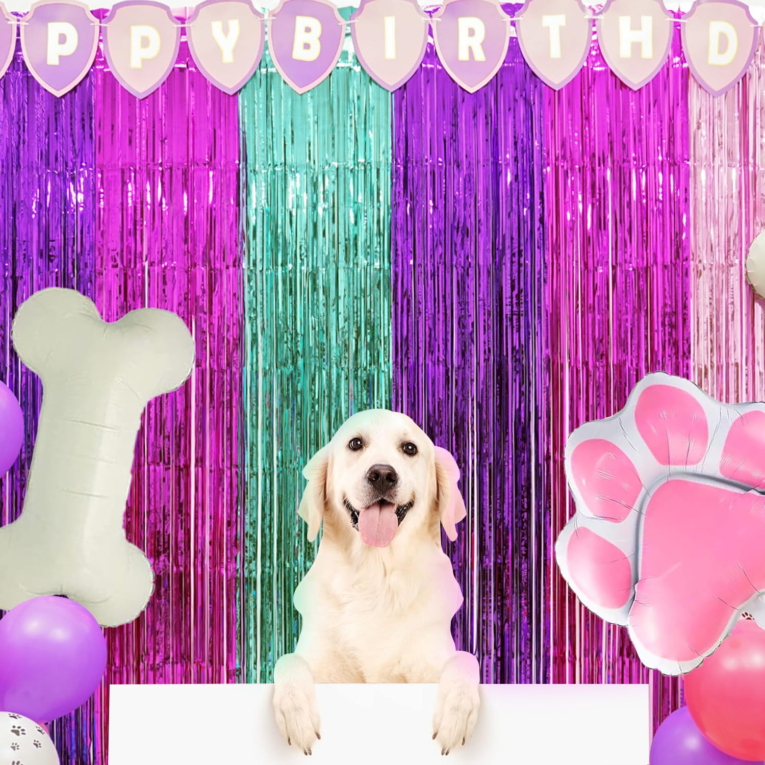 Pink Paw Puppy Patrol Birthday Decorations for Girls, 2 Pack Pinky Paw Party Photo Booth Prop, Purple Pink Teal Fringe Curtains Photo Streamers
