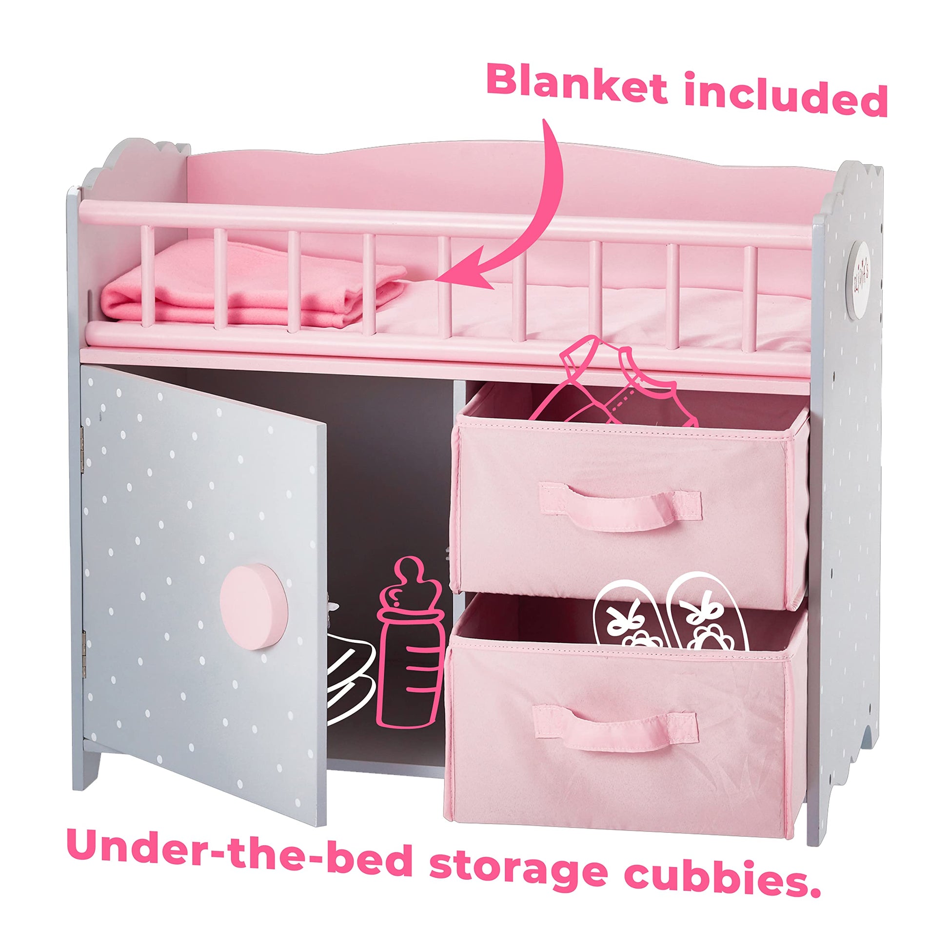 Olivia's Little World Wooden Baby Doll Crib with a Cabinet and Two Cubbies for Doll Accessory Storage Underneath, Pink and Gray and White Polka Dots