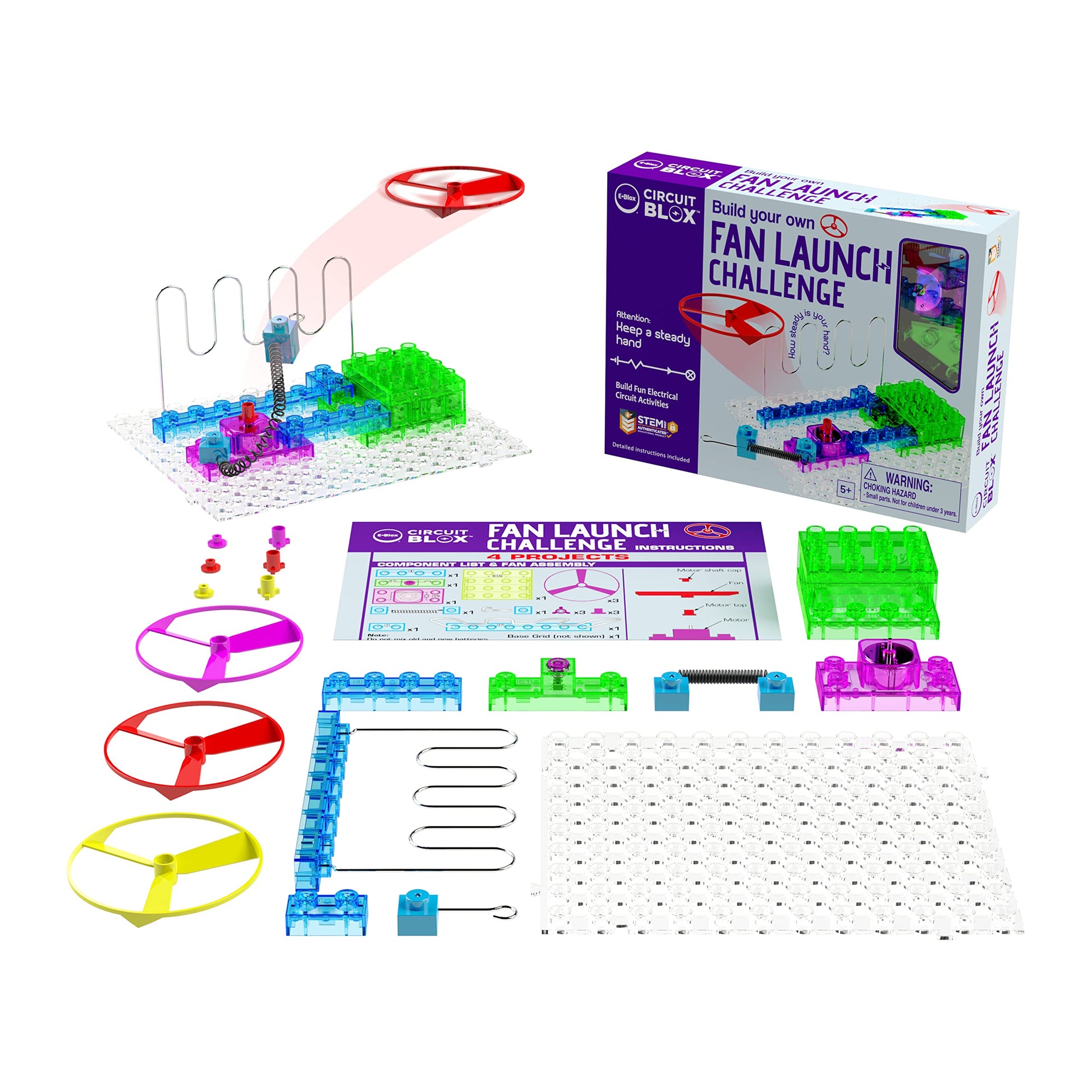 E-BLOX Building Blocks Circuit Kit, Build Your Own Fan Launch Wire Maze Challenge, Steady Hand Wins, Friendly Competition, Ages 5+