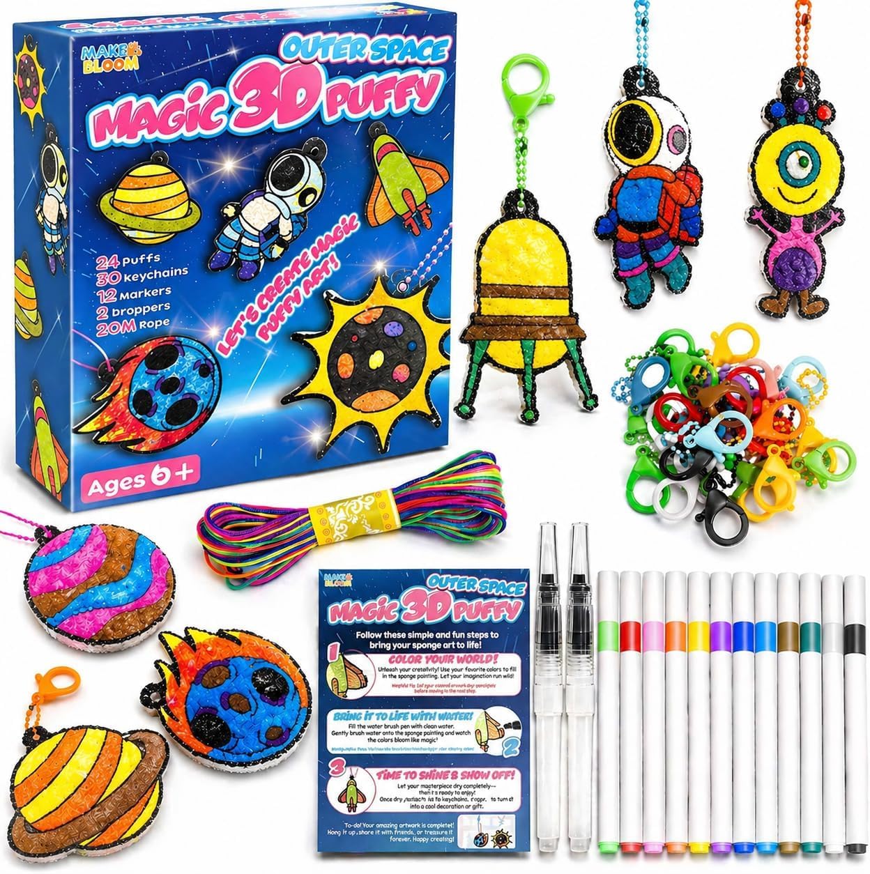 MakeBloom 3D Puffy Art Kit for Kids - Outer Space DIY Foam Painting, Mess-Free Craft, Paint by Number Craft,Keychains & Travel Gift Age 4-6(Space)