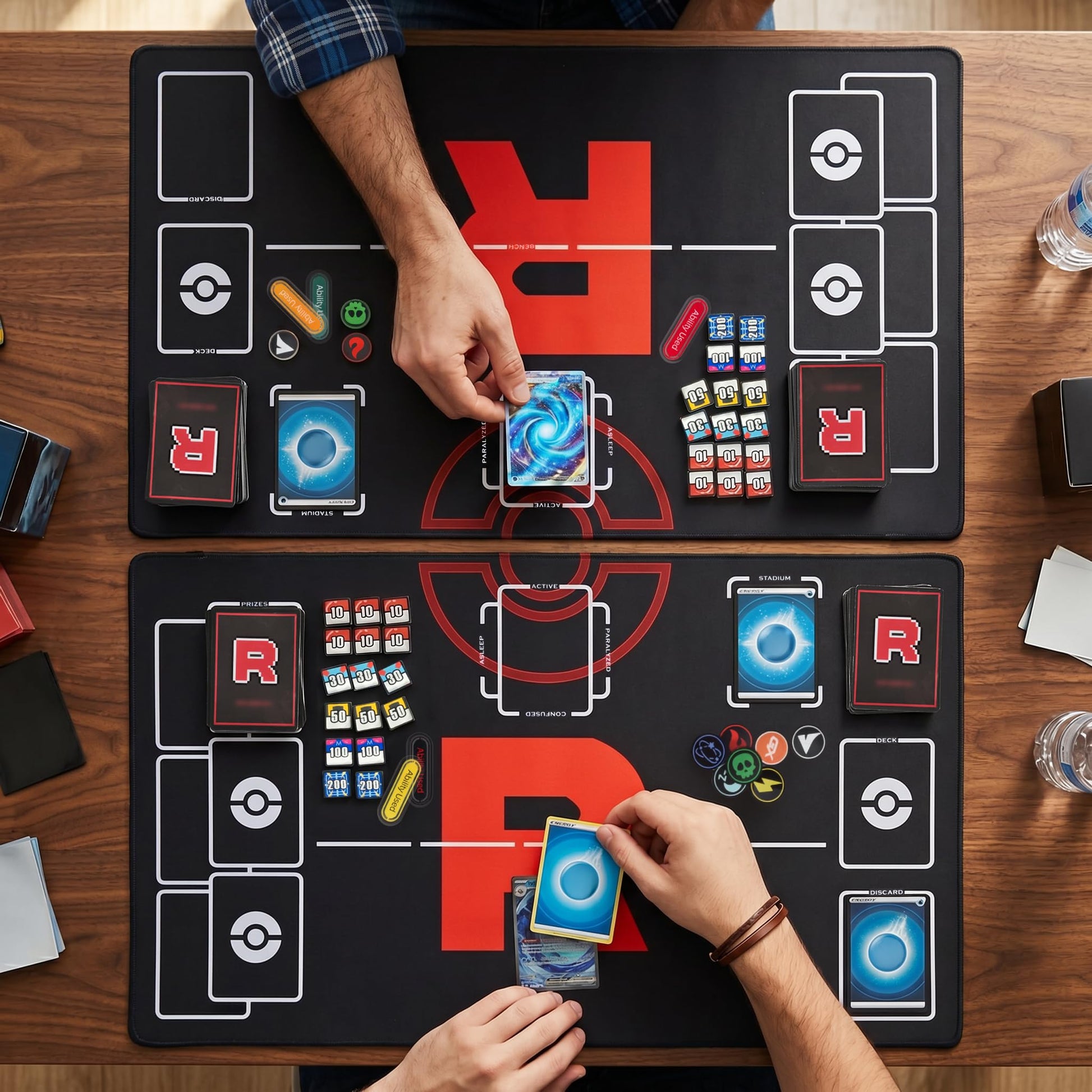 Playmat Set for TCG,2-Player Trainer TCG Playmat 2 PCS with 38 Damage Counters, 2 Trading Card Cases,65 Card Sleeves and Professional Storage Bag