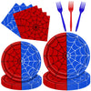 100 Pieces Halloween Spider Web Party Tableware Set - Red Blue Web Plates, Napkins and Forks, Disposable Dinnerware for Boys Birthday and Halloween