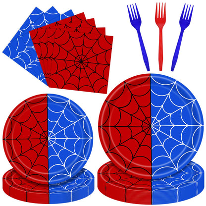 100 Pieces Halloween Spider Web Party Tableware Set - Red Blue Web Plates, Napkins and Forks, Disposable Dinnerware for Boys Birthday and Halloween