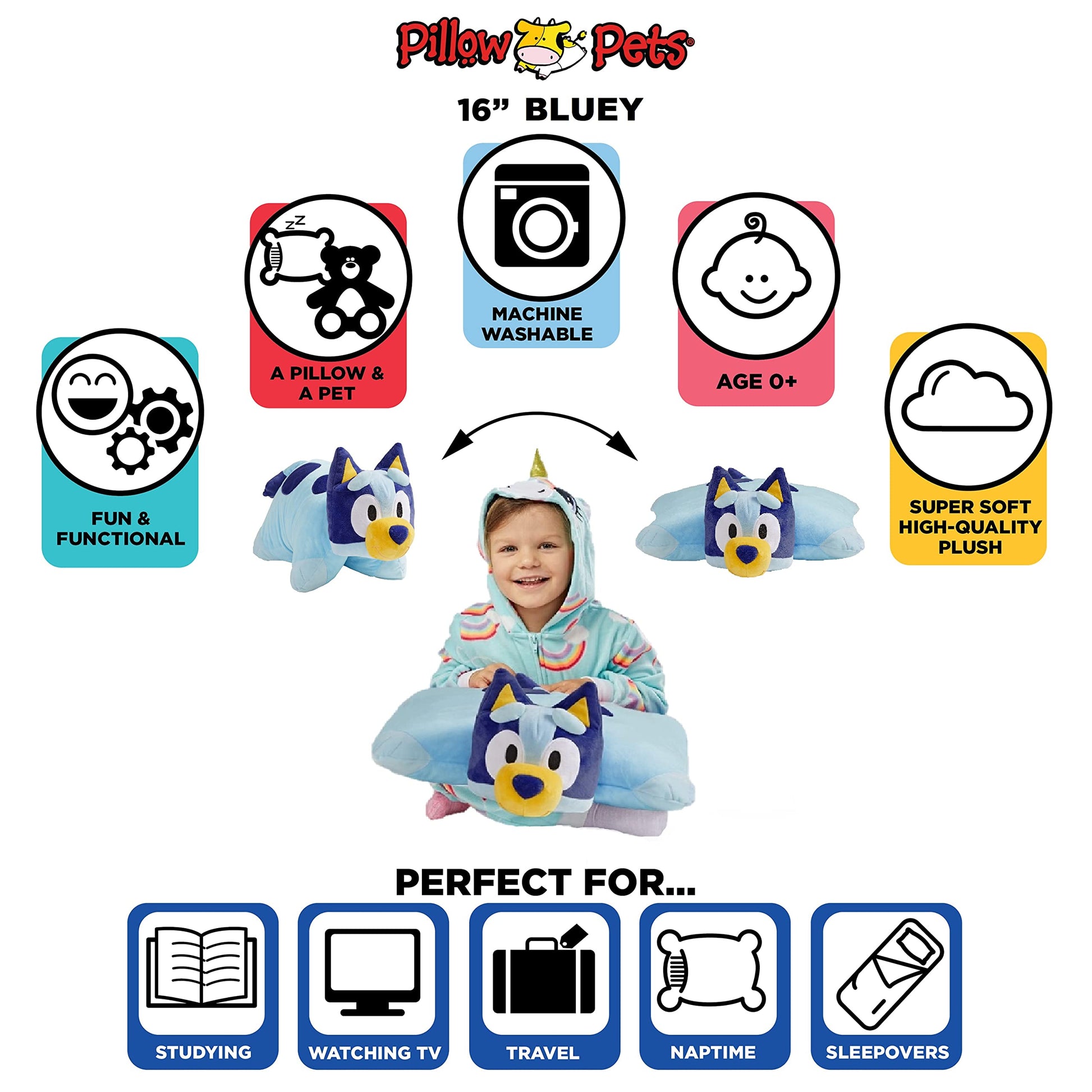 Pillow Pets 16 inch Bluey, BBC Studios Stuffed Animal Plush Toy Gift for Kids