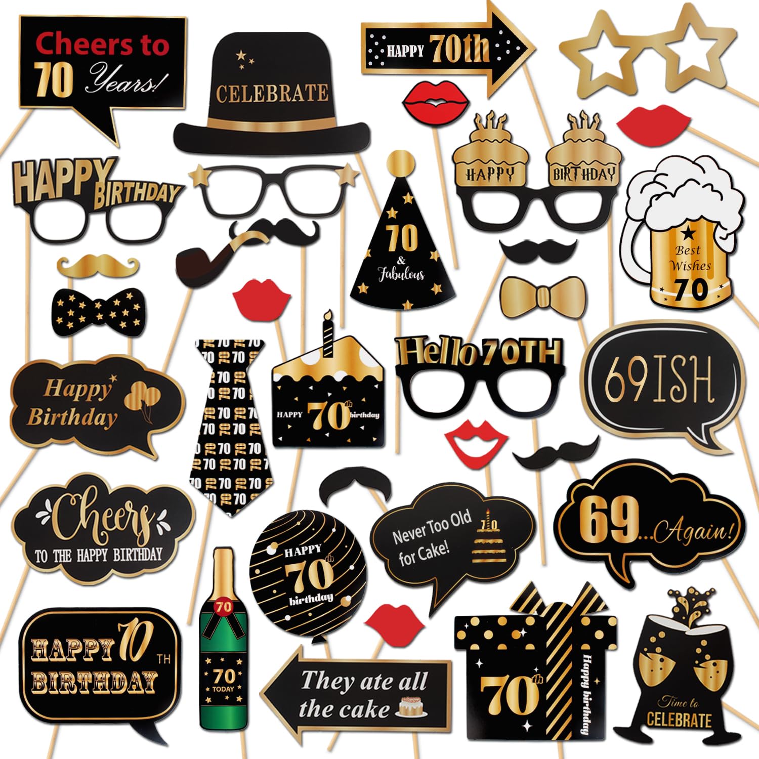 LINGTEER Happy 70th Birthday Party Photo Booth Props,Cheers to 70th Birthday Seventy Years Old Bday Party Centerpieces Props Decorations Sign.
