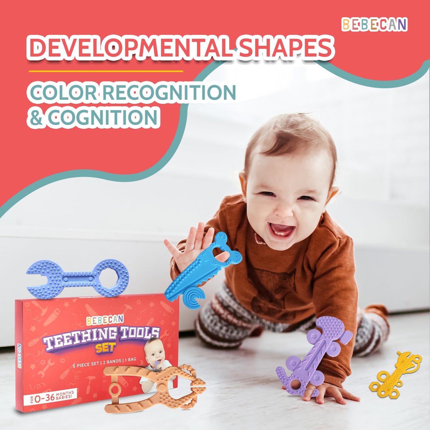 BEBECAN Teething Tools Teether for Baby - 5 Premium Food-Grade Silicone Baby Boy Teething Toys, 2 Straps for Safety and Travel Bag Tool Toys Provide