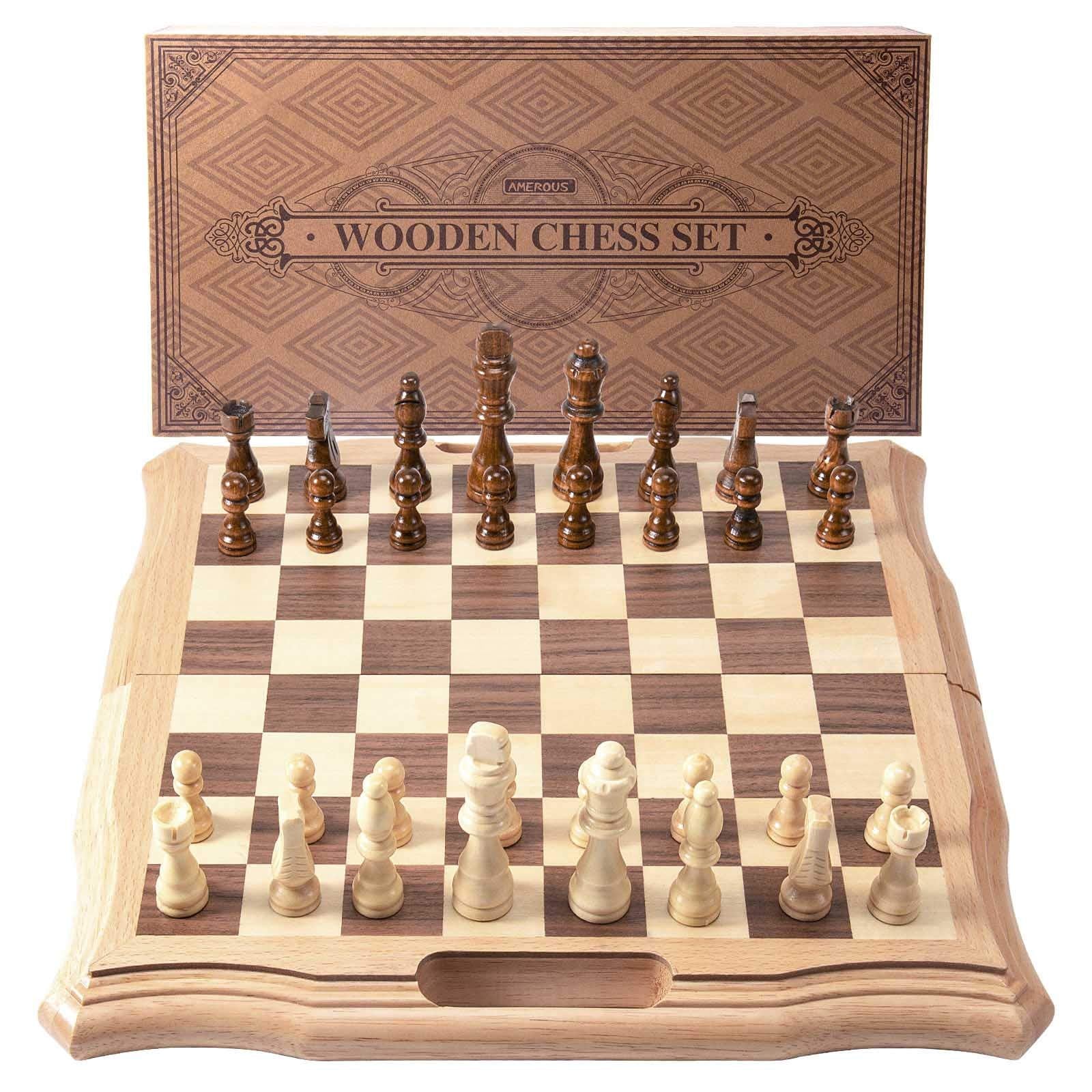 AMEROUS 15.6 inches Magnetic Wooden Chess Set, Handheld Style Chess Board Game Sets with Game Pieces Storage Slots - 2 Extra Queens - Gift Package