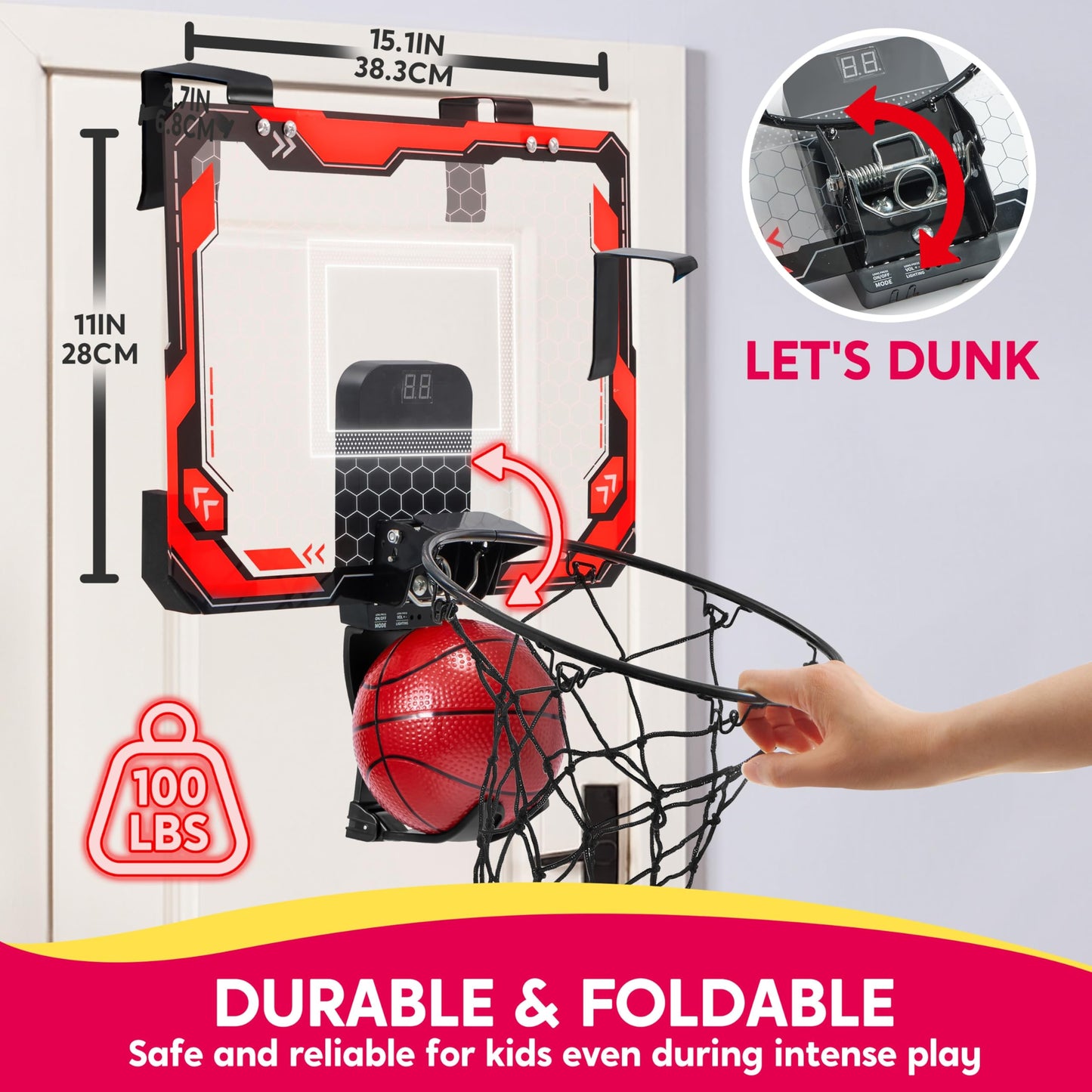 SYNCFUN Mini Basketball Hoop Over The Door, LED Indoor Basketball Hoop for Kids with Scoreboard & 4 Balls, Basket Ball Game Toys Gifts for Boys Ages 3