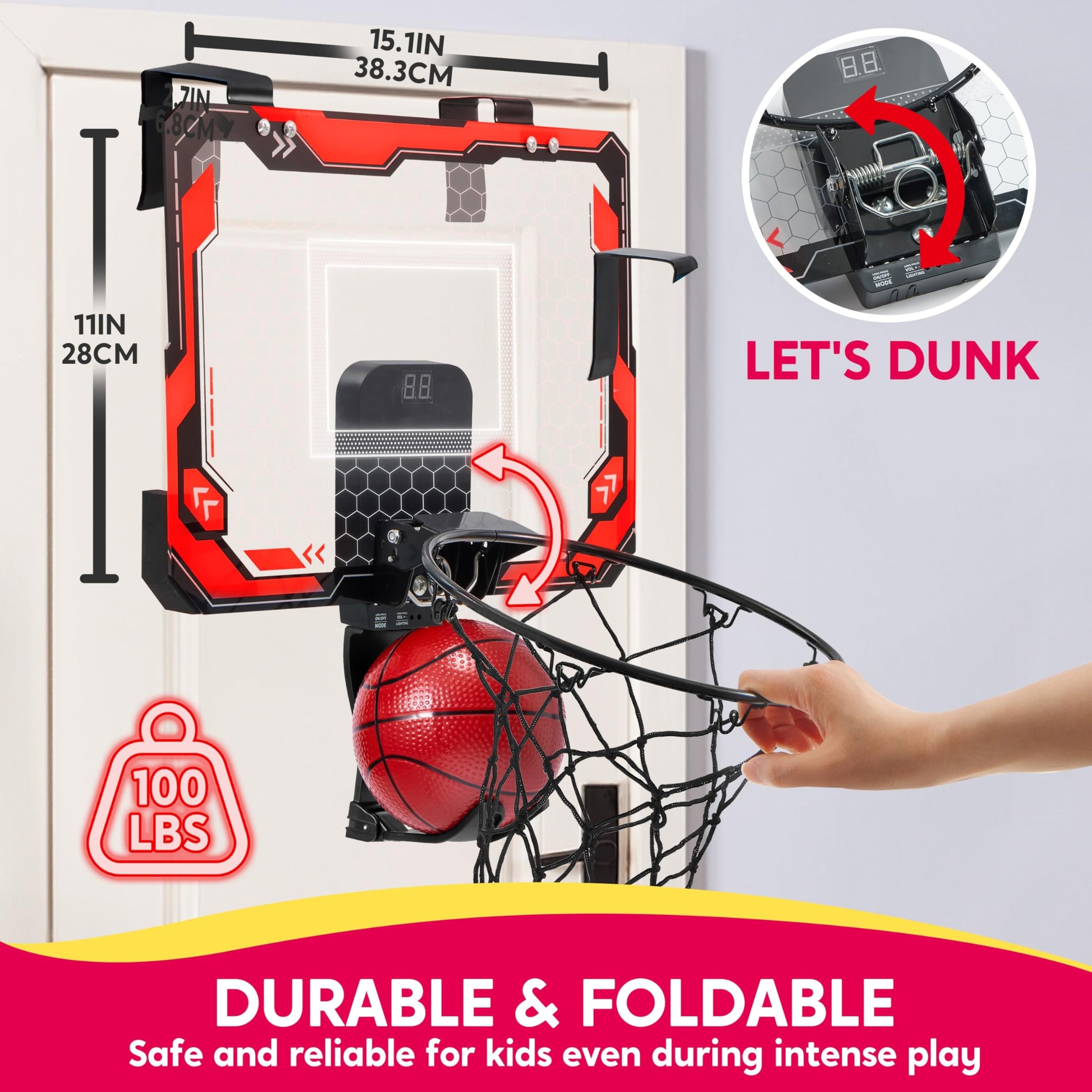 SYNCFUN Mini Basketball Hoop Over The Door, LED Indoor Basketball Hoop for Kids with Scoreboard & 4 Balls, Basket Ball Game Toys Gifts for Boys Ages 3