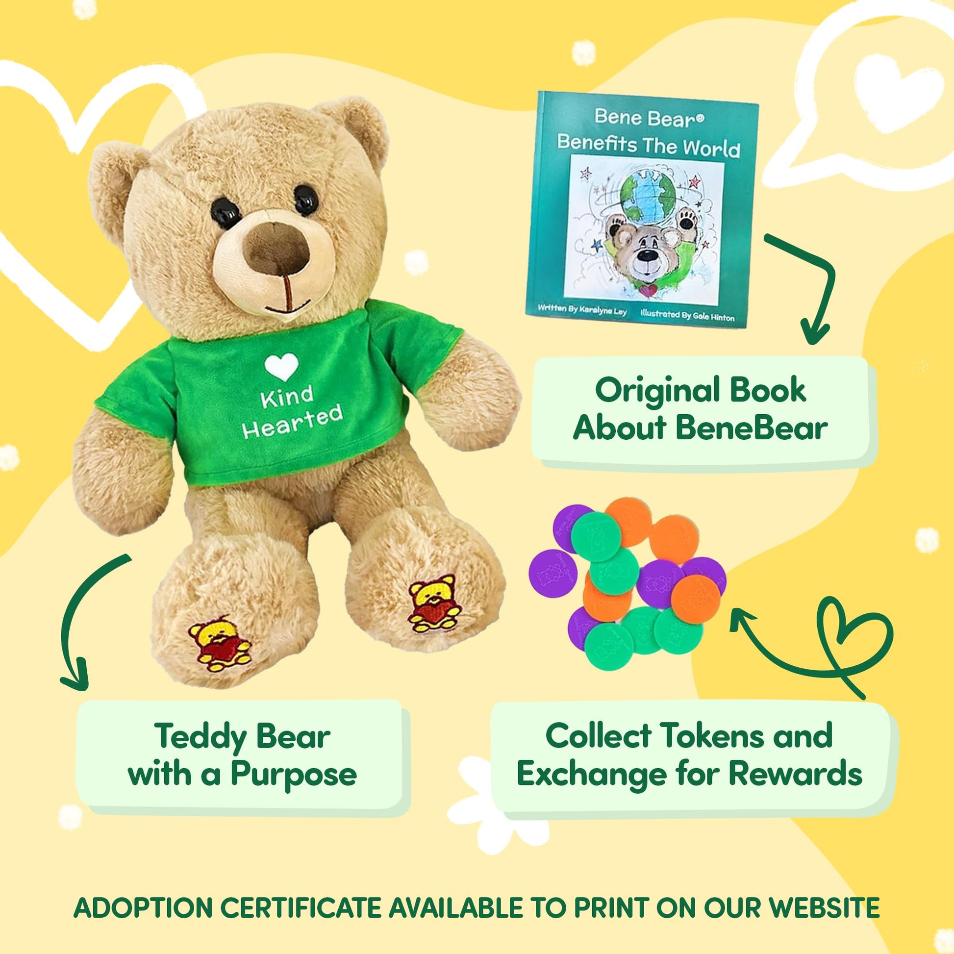 Bene Bear - Plush Teddy Bear & Book Set with Token Reward System | Emotional Support Stuffed Animal for Social Emotional Learning | Bear Plush Teaches