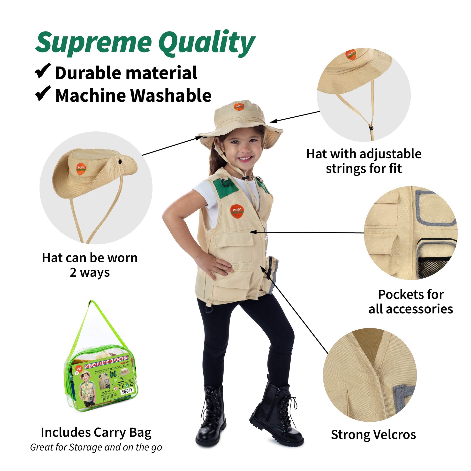Born Toys Kids Safari Costume Zoo Keeper Dress Up Outfit for Toddler, 3+