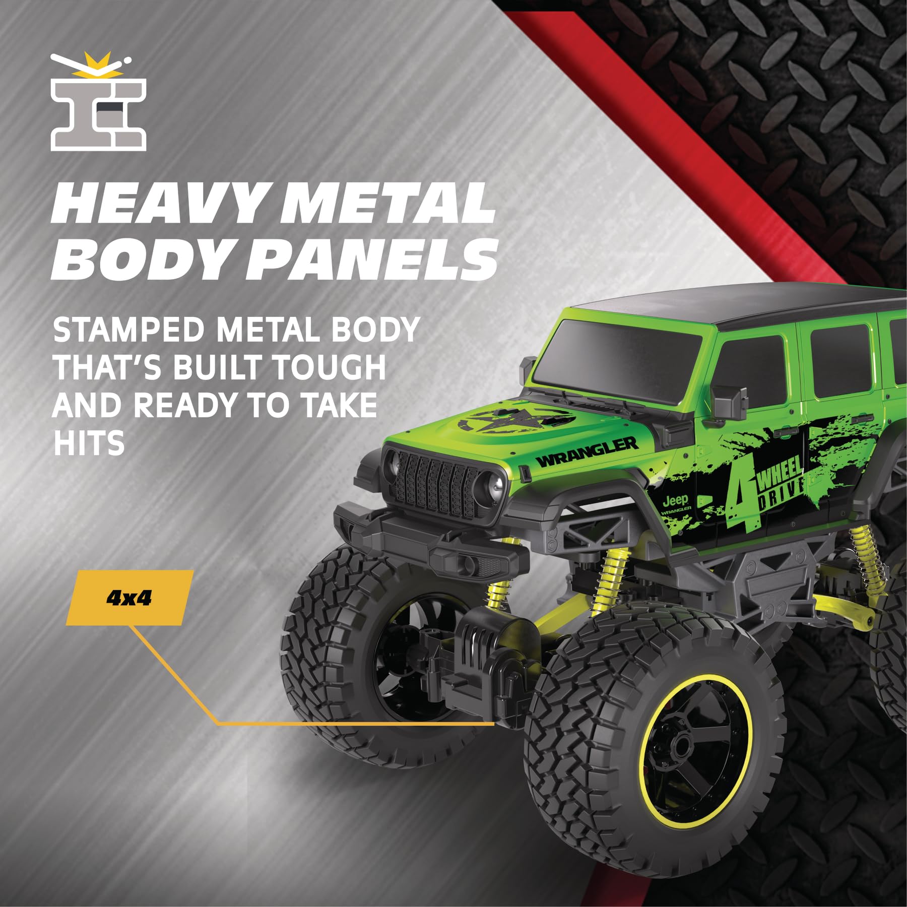 Motor Dayz 4WD Heavy Metal Remote Control Car Jeep Wrangler RC Truck Toy- 1:10 Scale, 4-Door, Stamped Metal Body, 2.4GHz Control, USB Rechargeable