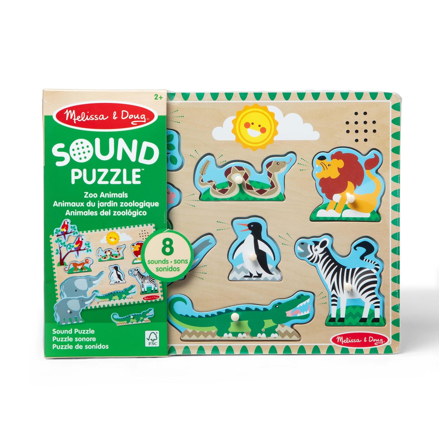 Melissa & Doug Zoo Animals Sound Puzzle - 8-Piece Wooden Peg Puzzle with Light-Activated Sounds, Music Learning Toy for Toddlers and Preschoolers Ages
