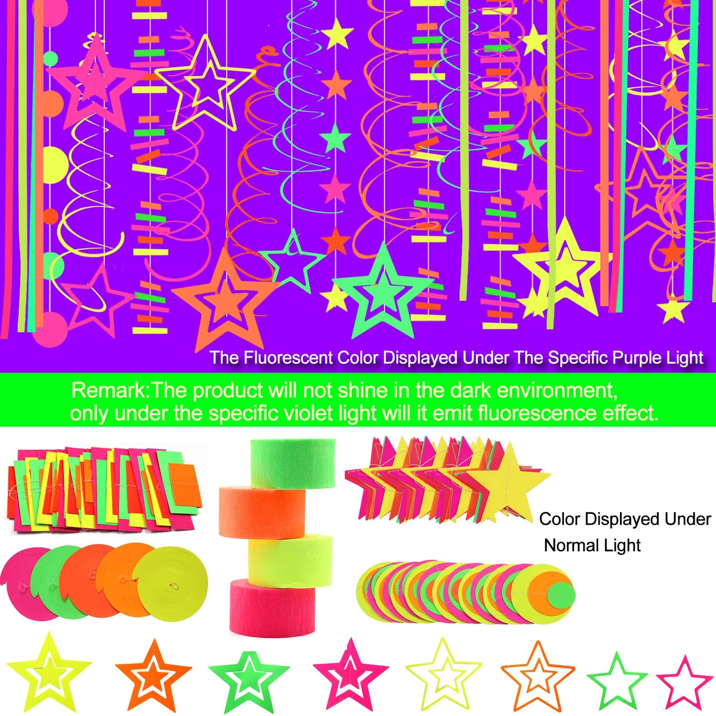 508ft UV Neon Paper Garland Crepe Streamers Glow in The Dark Party Supplies Garland Neon Party Decorations Streamers for Blacklight Reactive