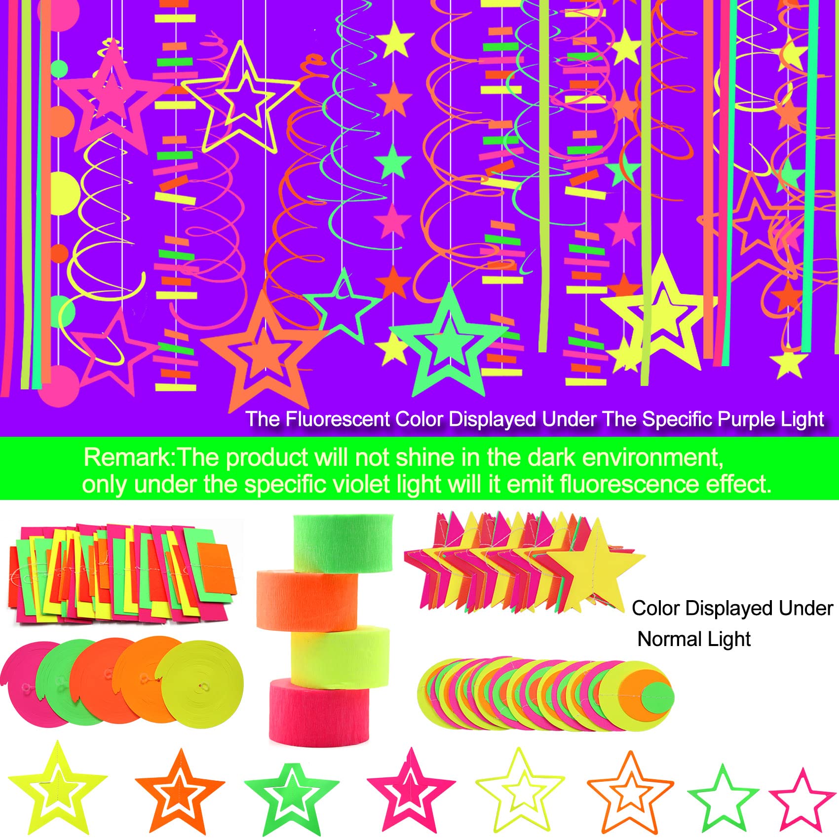 508ft UV Neon Paper Garland Crepe Streamers Glow in The Dark Party Supplies Garland Neon Party Decorations Streamers for Blacklight Reactive