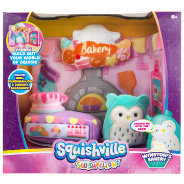 Squishville by Squishmallow Bakery Play Scene, 2” Winston Mini-Squishmallow, 8” Playset, 1 Plush Accessory, Marshmallow-Soft Animals, Bakery Toy
