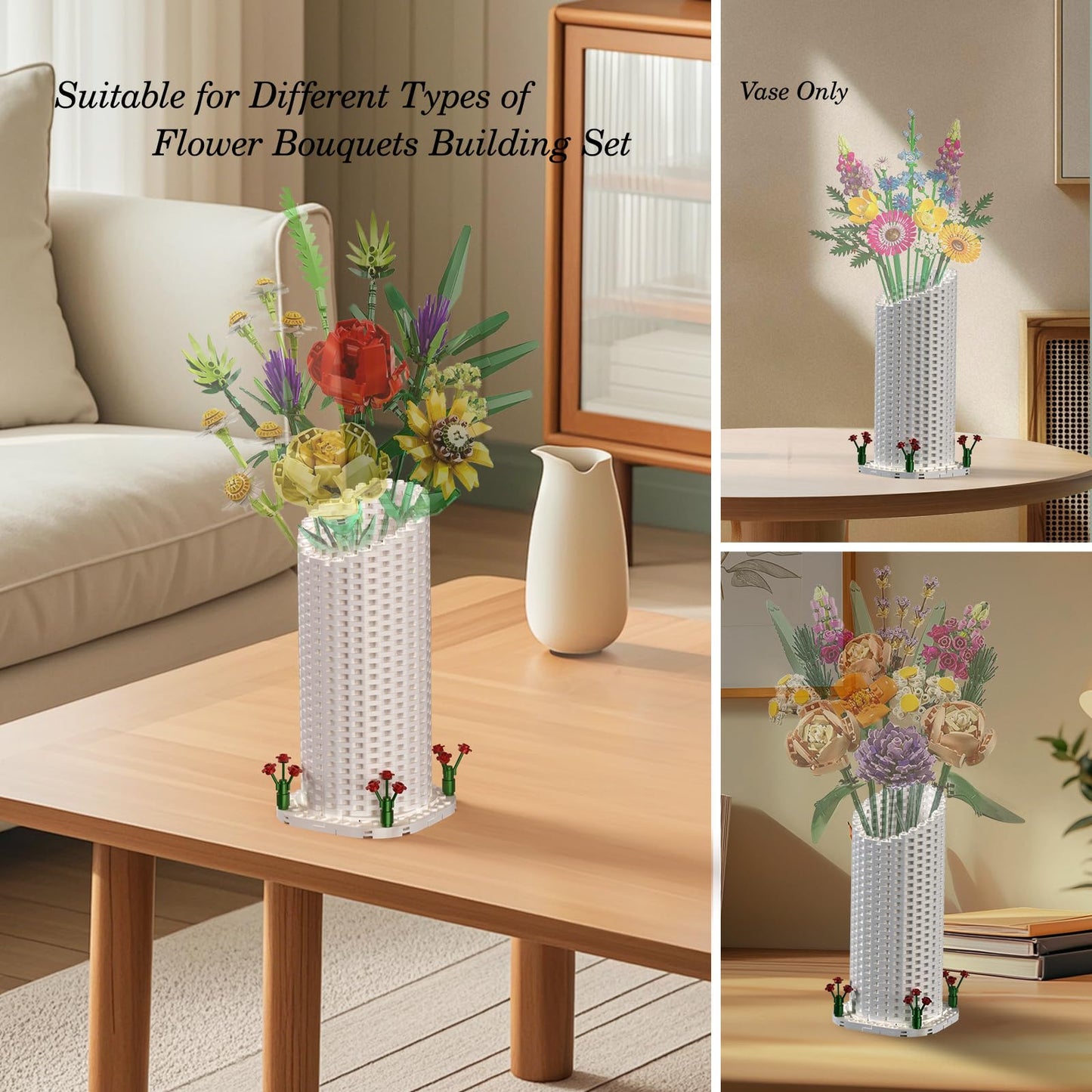 Vase Building Set, White Vase for Roses Flowers Bouquet 10328 10342, for Women Adult Flower Lovers, Christmas, Valentine's and Mother's Day