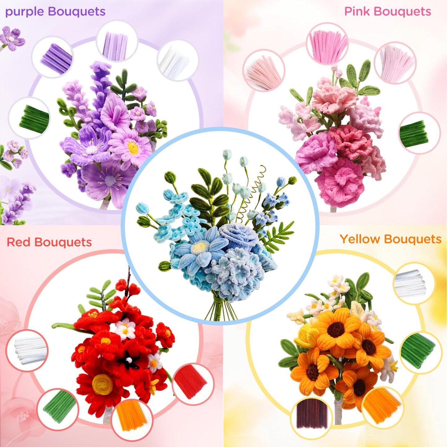 660 PCS Pipe Cleaner Flower Kit, 16 Colors Thick Chenille Stems Pipe Cleaner Bulk, Pipe Cleaners Craft Supplies with Viedo Instruction, Floral Wires