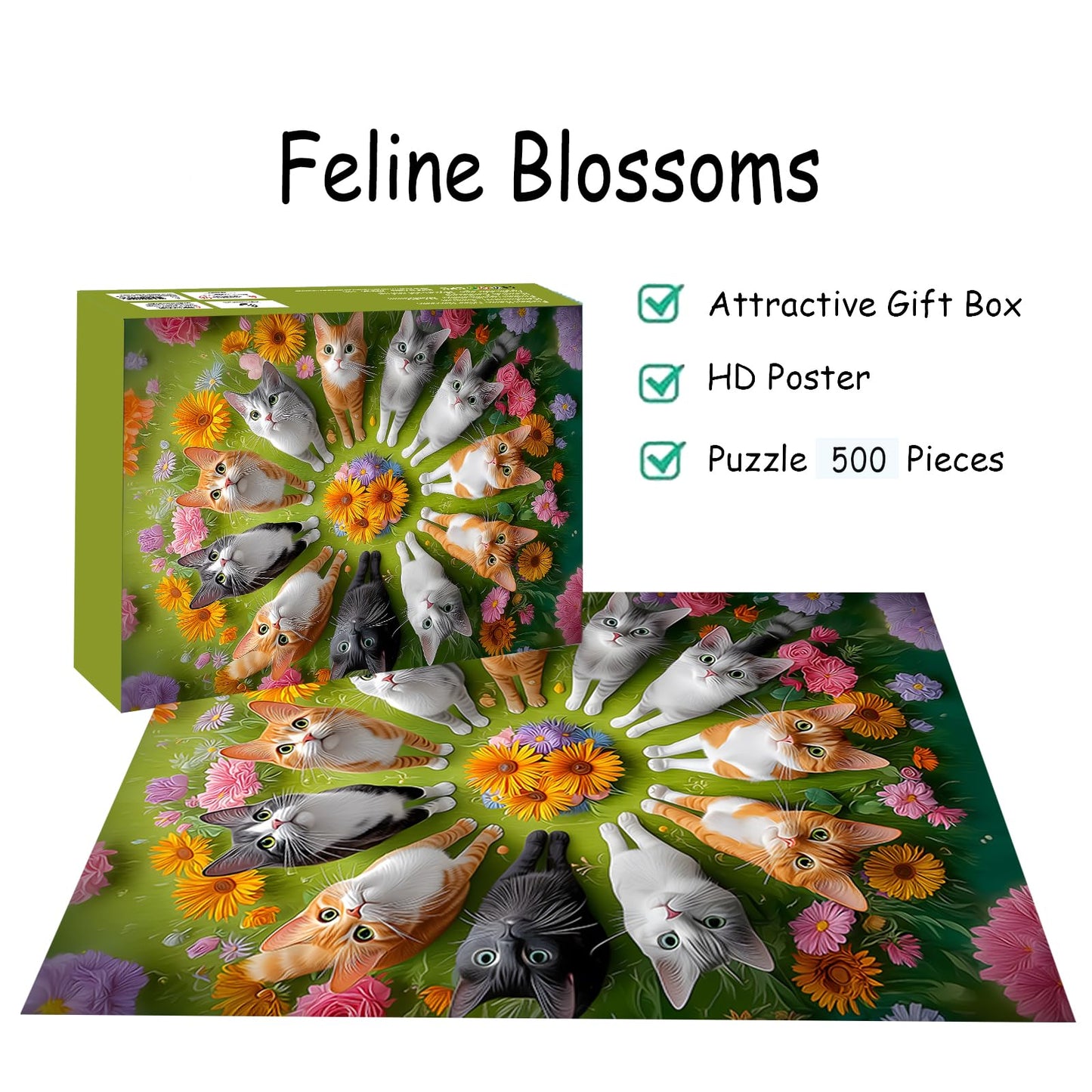 Puzzles for Adults 500 Pieces, Cat Jigsaw Puzzles - Feline Blossoms, Impossible Flower Puzzle for Seniors Family, 20.47 x 14.96 inches, 1:1 Poster
