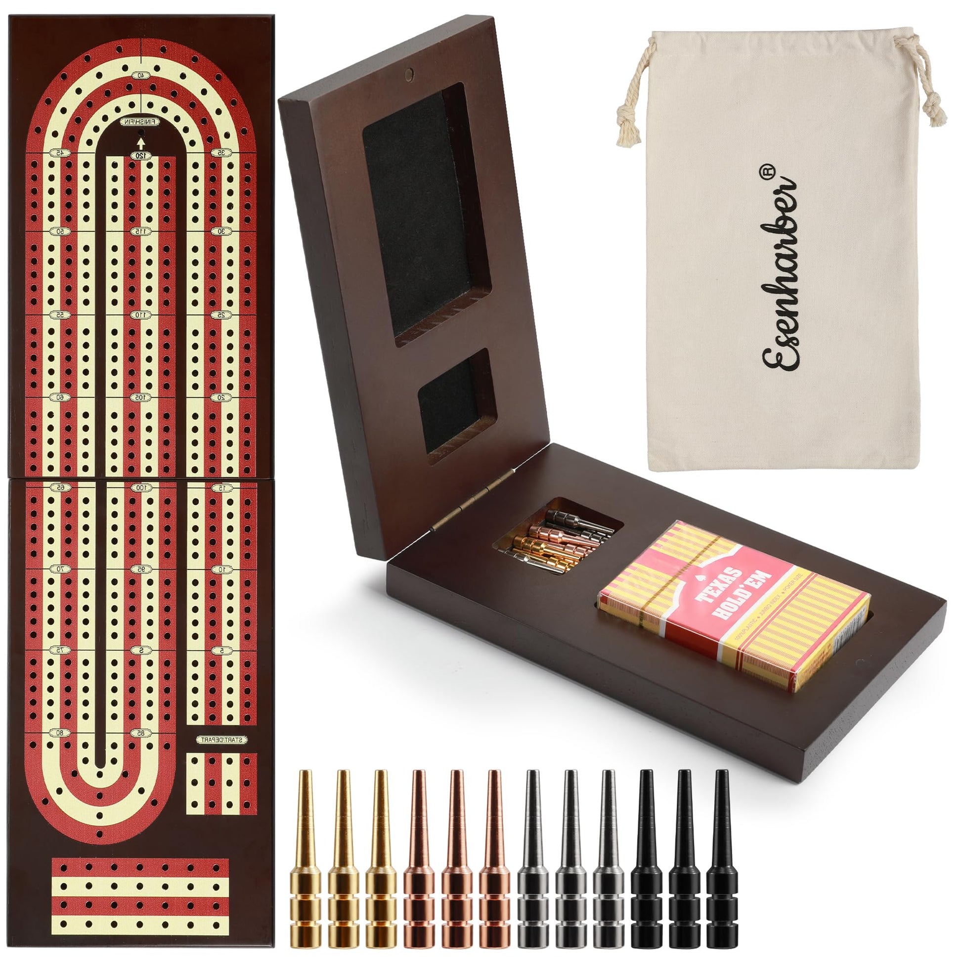 Cribbage Board, Foldable 4-Track Cribbage Board Game Set, Solid Wood Game Board with 12 Brass Pegs & Felt-Lined Storage, for 2-4 Players,