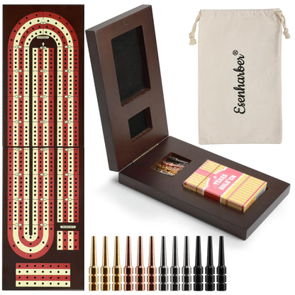 Cribbage Board, Foldable 4-Track Cribbage Board Game Set, Solid Wood Game Board with 12 Brass Pegs & Felt-Lined Storage, for 2-4 Players,