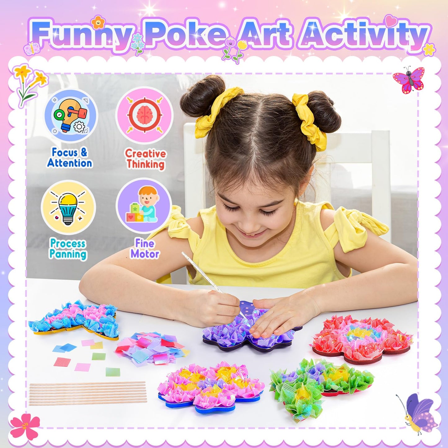 MDINGTD Toys for 4 5 6 7 8+ Year Old Girls, Poke Art Flower Bouquet with 8 Flowers & 2 Butterflies Arts and Crafts for Girls Ages 4-8 DIY Creative