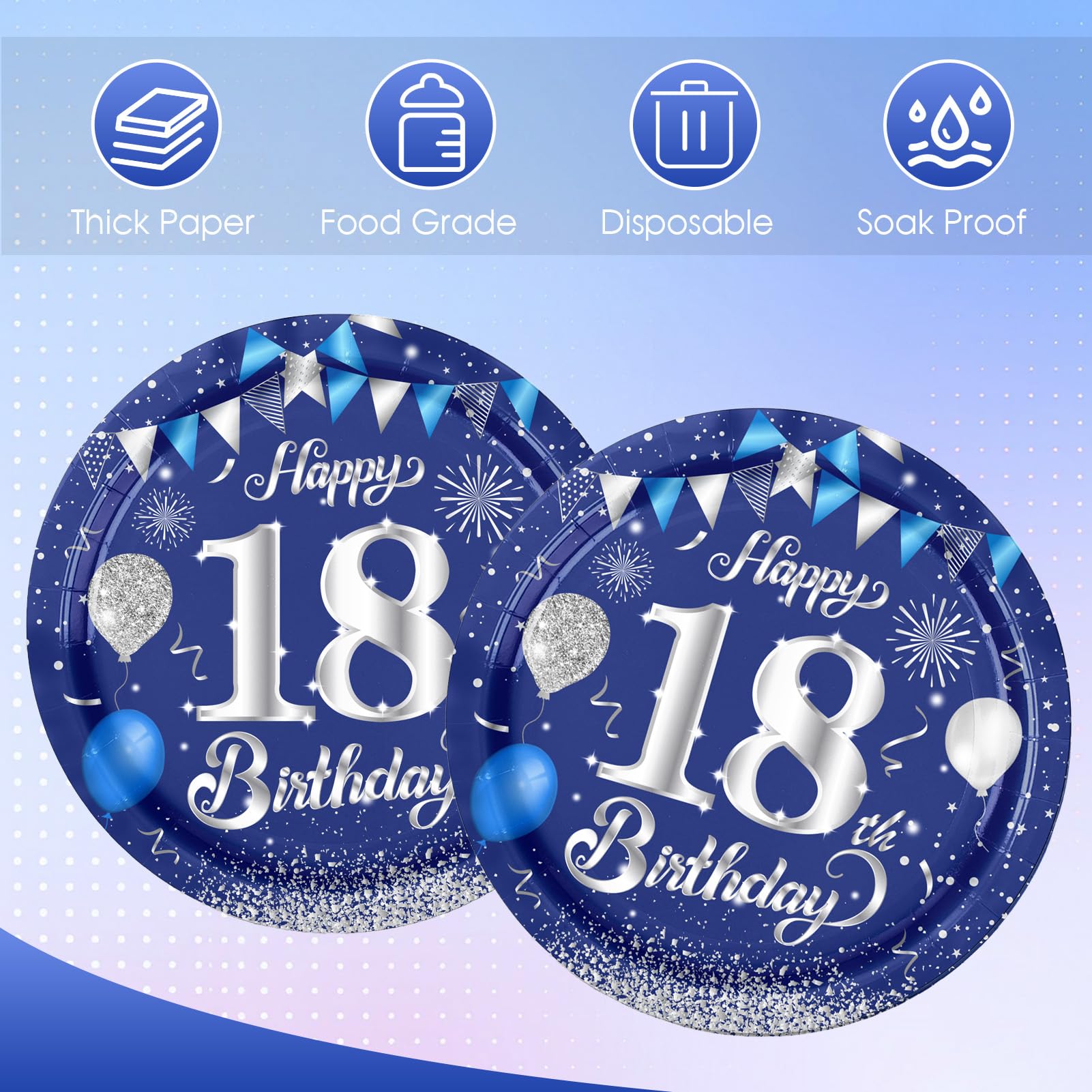Fitoyplak Blue and Silver 18th Birthday Plates,50Pcs - 7Inch Dessert Plates Disposable Party Tableware Set 18 Year Old Party Plate Sets,for 18th