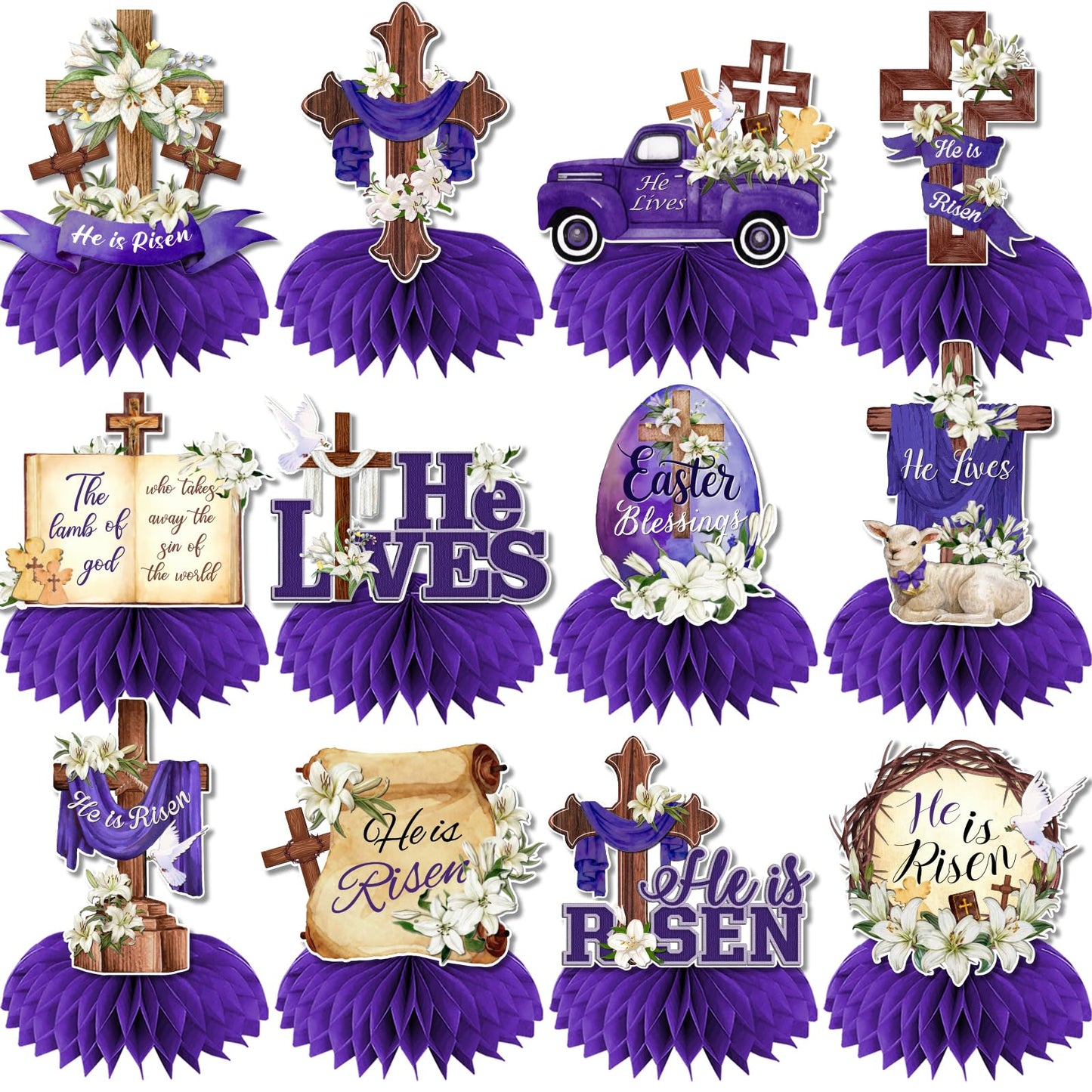 Easter Table Decorations He is Risen Honeycomb Centerpiece 12Pcs Religious Easter Paper Centerpieces Christian Jesus Cross He Lives Table Centerpieces