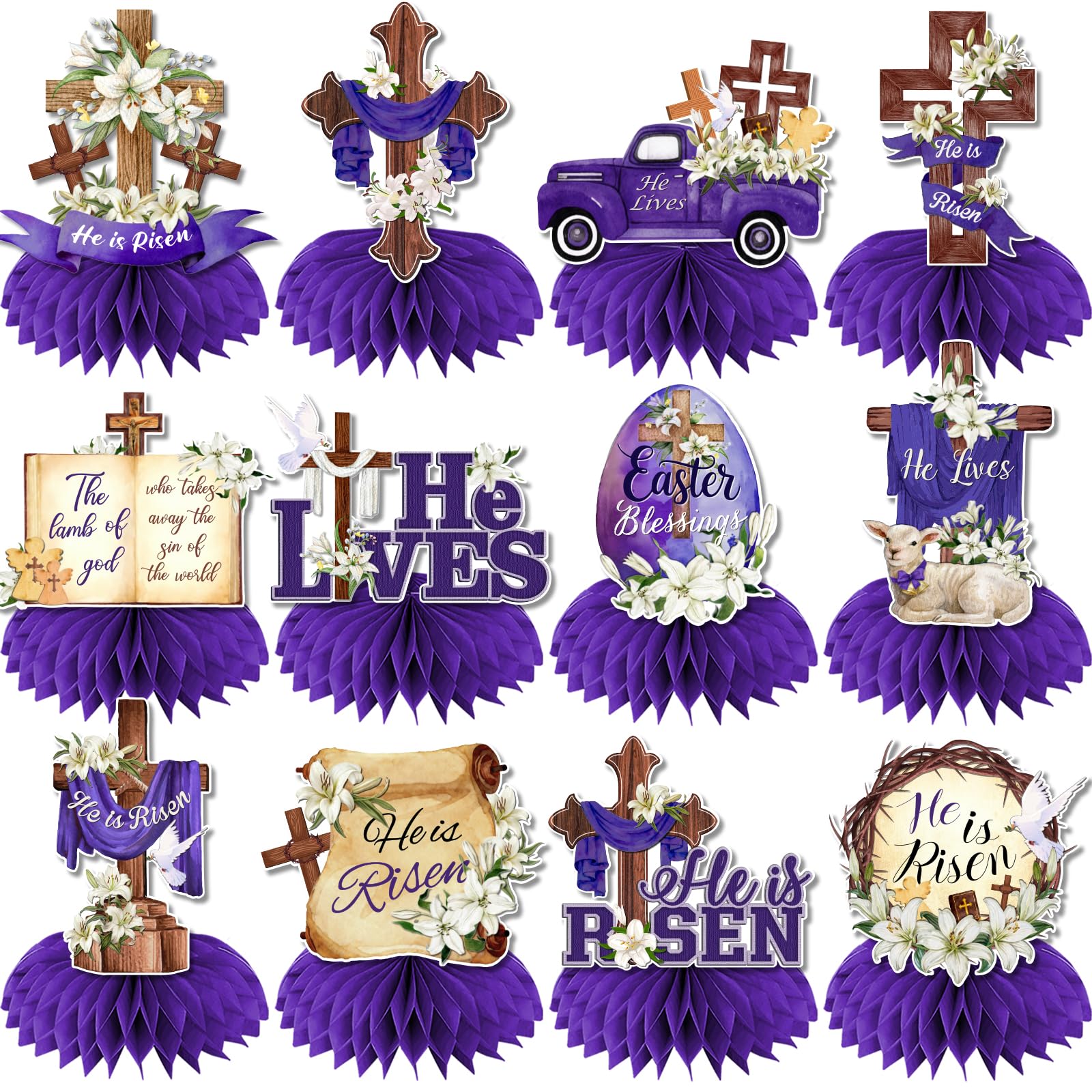 Easter Table Decorations He is Risen Honeycomb Centerpiece 12Pcs Religious Easter Paper Centerpieces Christian Jesus Cross He Lives Table Centerpieces