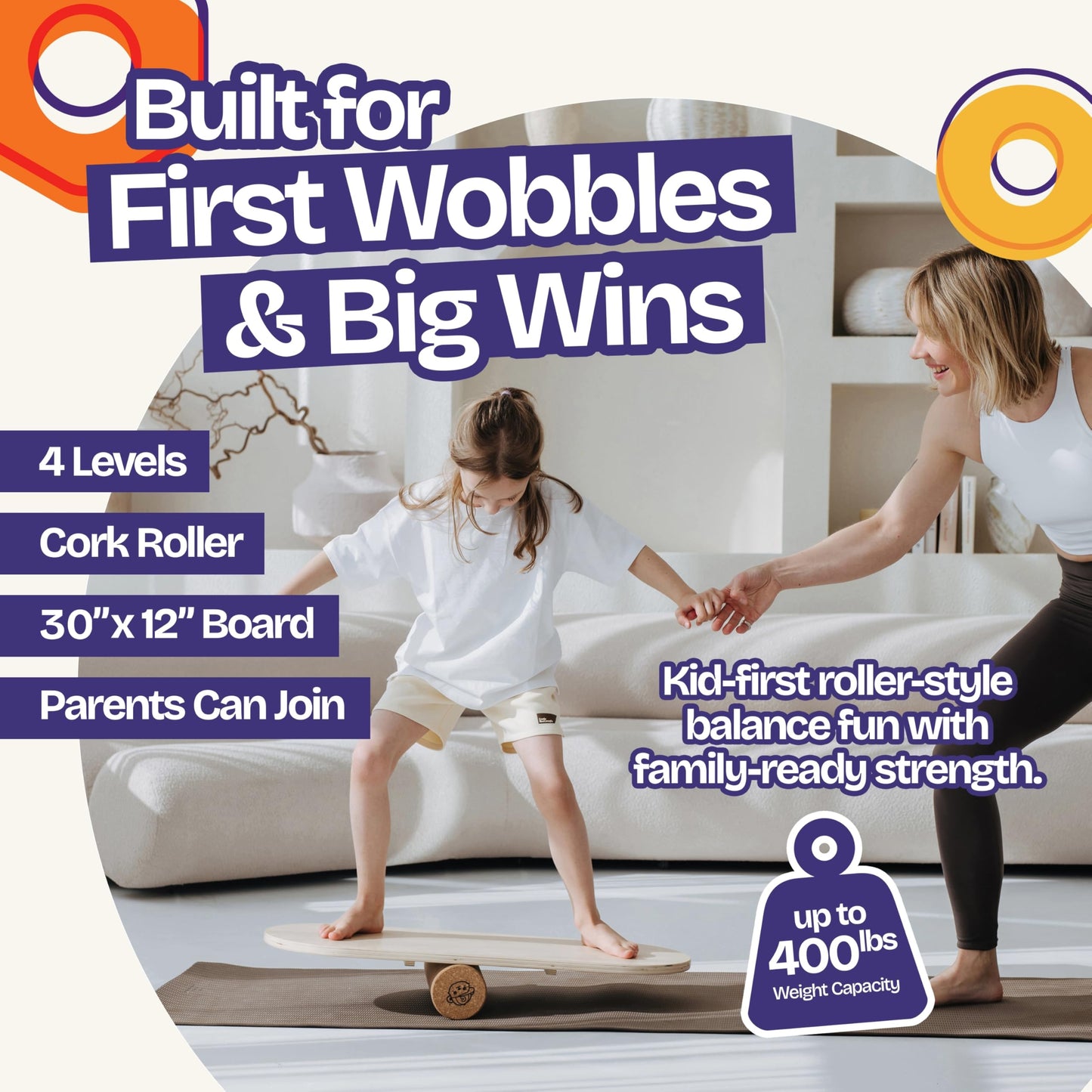 ComfyBumpy Balance Board for Kids with Cork Roller, 30" x 12" Wooden Balance Board, 4 Adjustable Levels, 400 lb Capacity, Progressive Balance Trainer