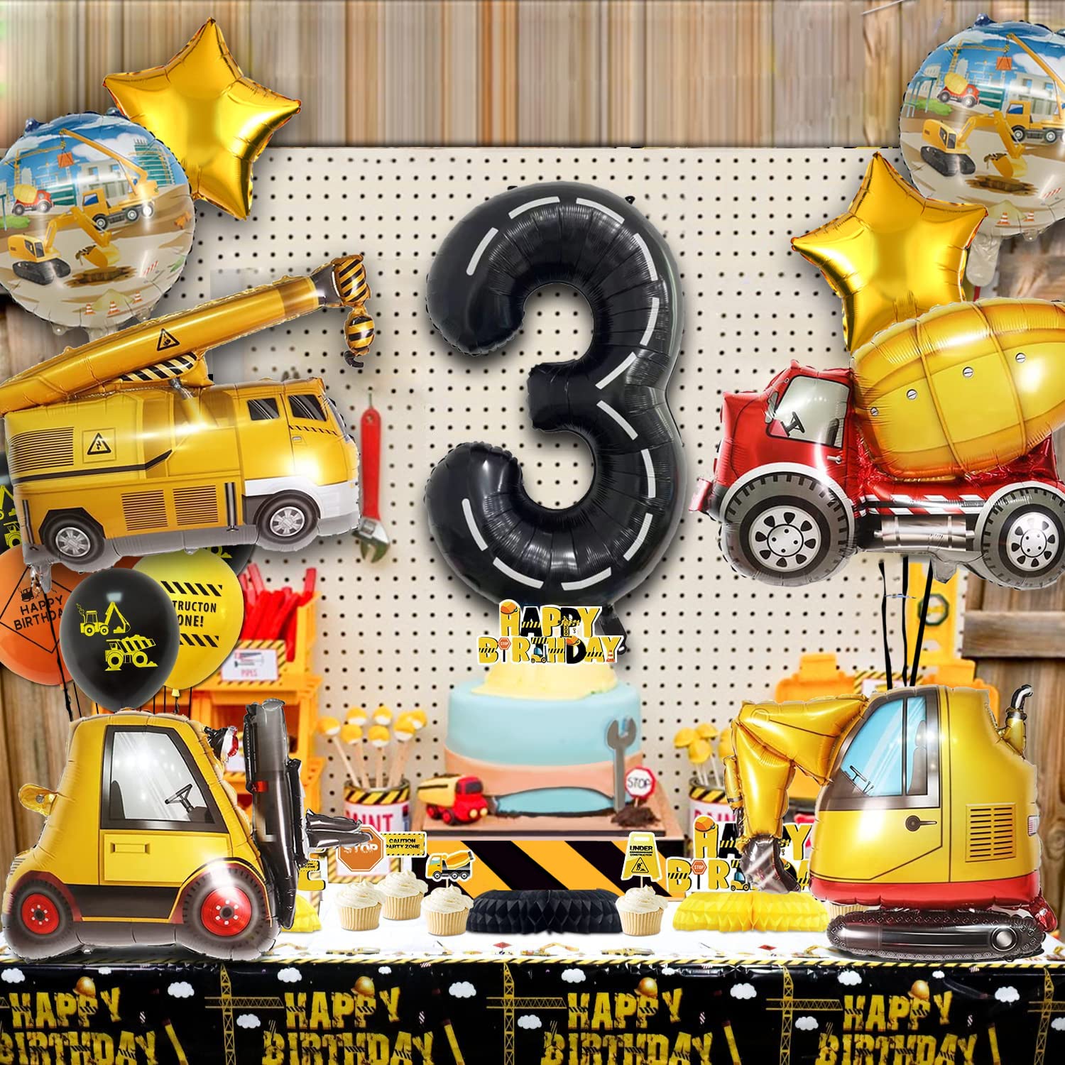 Construction Truck Balloons for Boys 3rd Birthday Party Supplies - Tractor Themed Decorations and Favors
