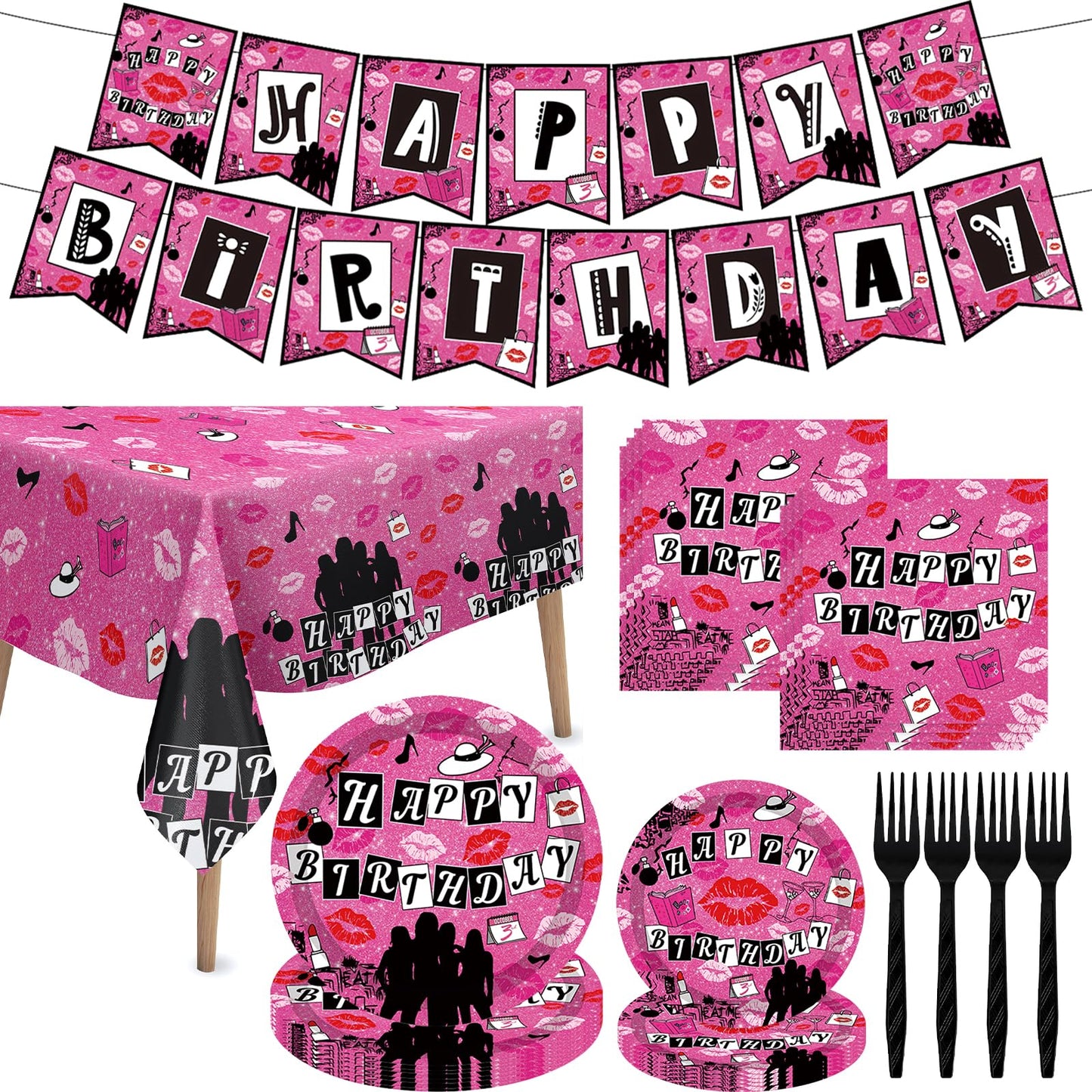 Pink Girls Birthday Party Set Pink High School Queen Theme Burn Book Popular Girl Birthday Decorations Party Decorations Hot Girls Banner Plates