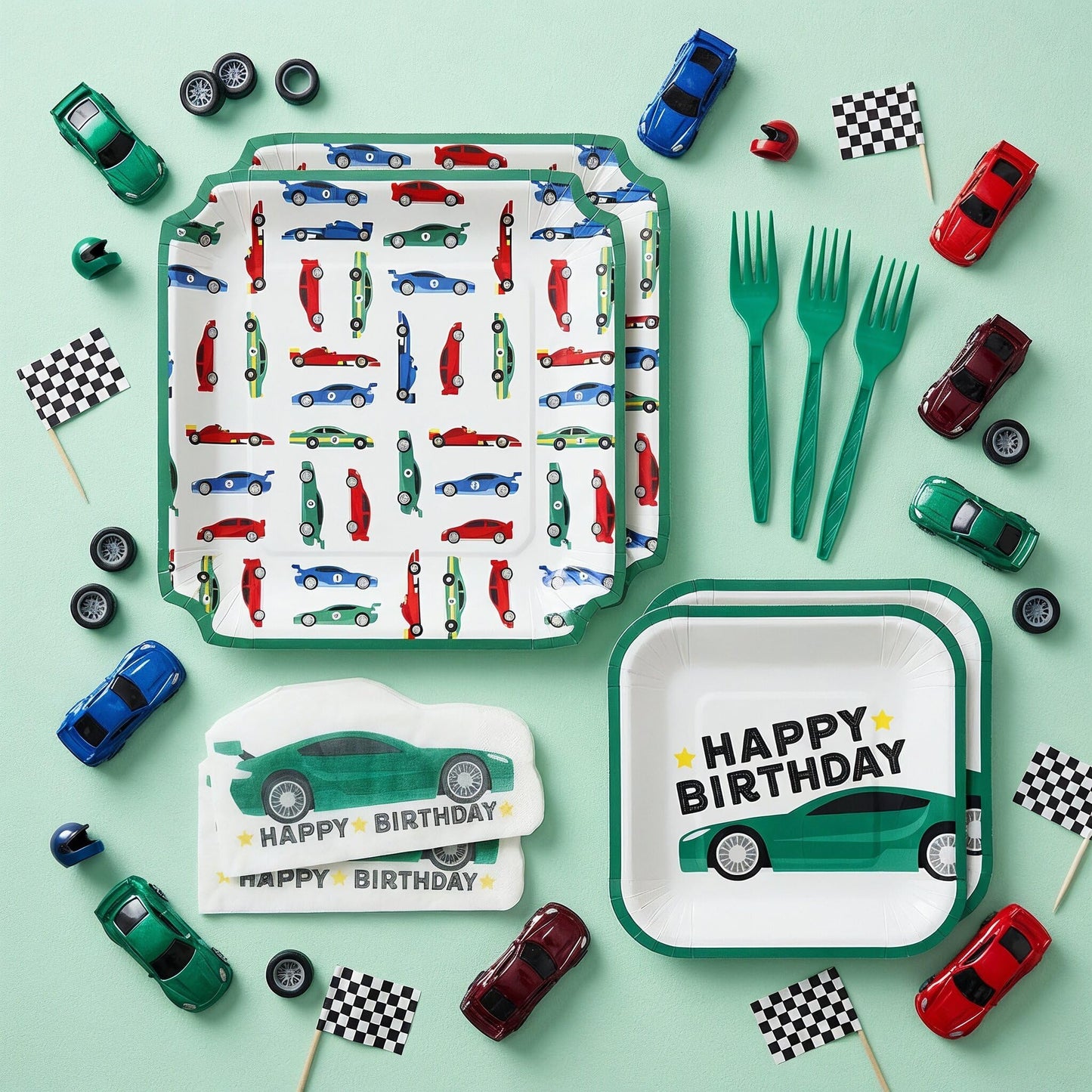 Modern Whimsy Race Car Birthday Party Decorations - 64 Pc Car Tableware Serves 16 - Square Plates, Die-Cut Car Napkins & Forks - Green Boys Car Themed