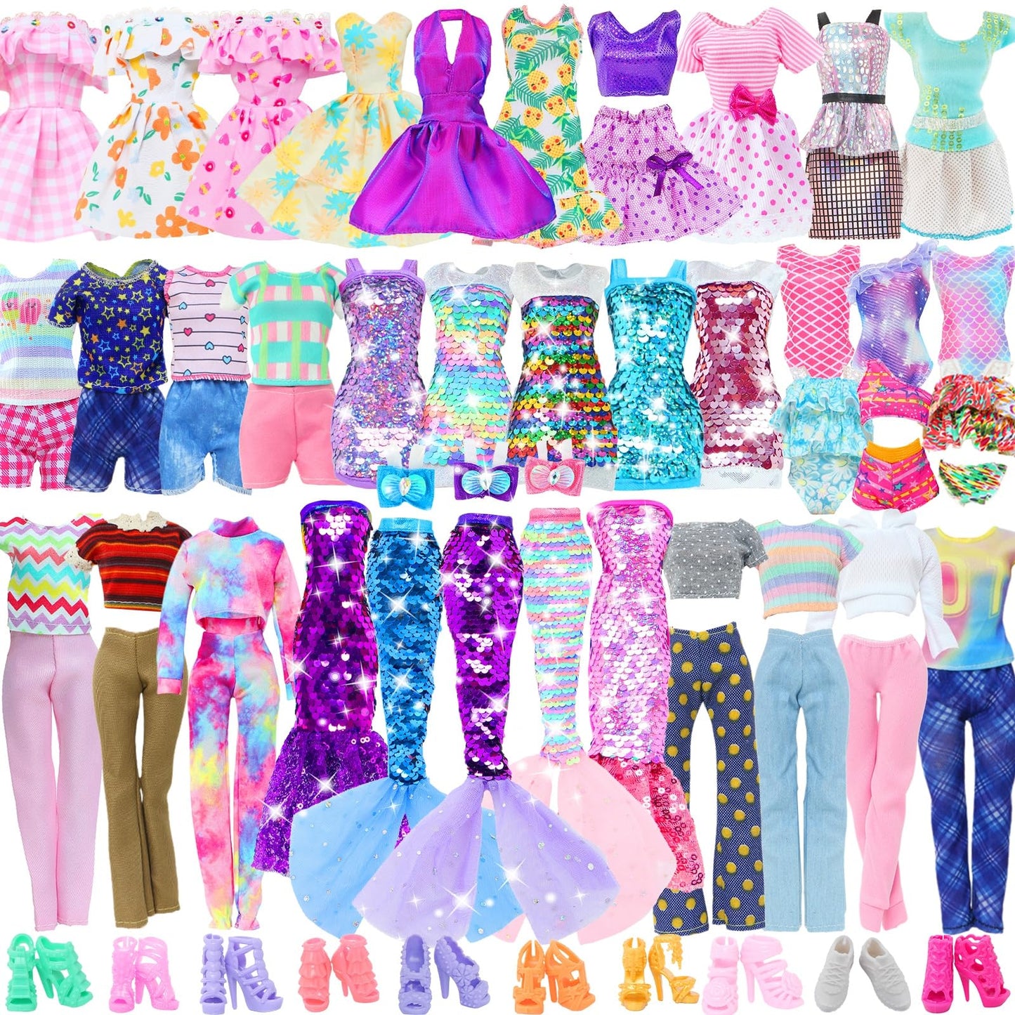 20pcs Doll Clothes and Accessories Including Random 10 Outfits Fashion Sequin Dresses Tops Bottoms Pants Short Skirt Swimsuit Bikini and Random 10